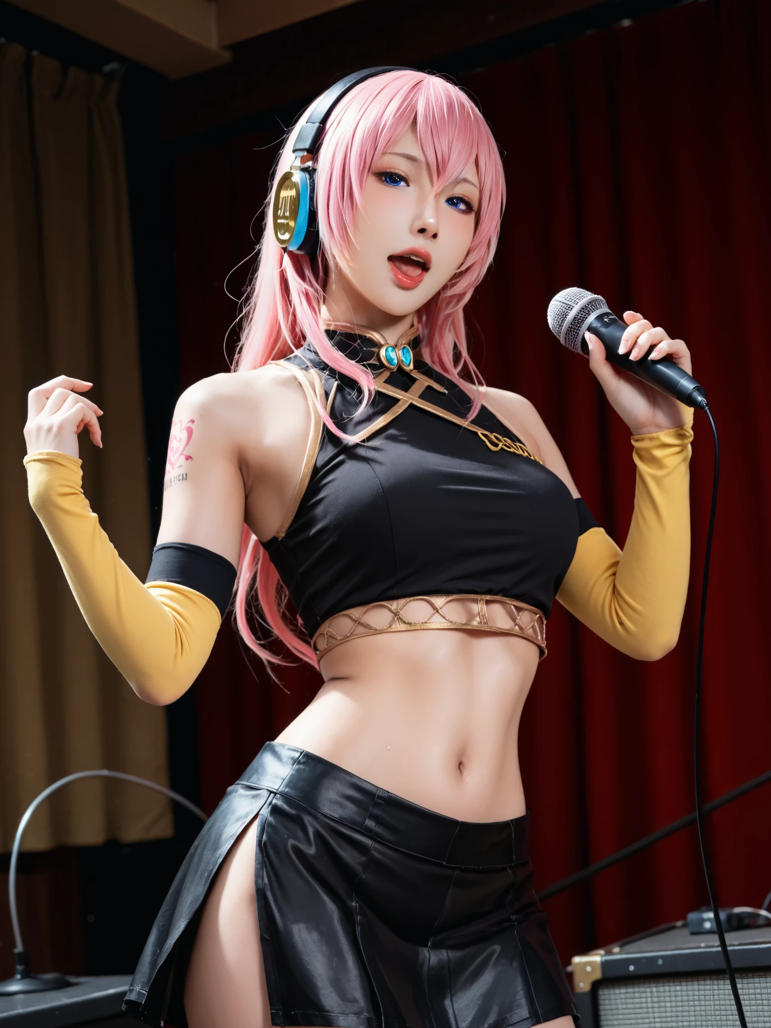 sweat,Armpit,(Soft Touch, Delicate Body Curves, Realistic human anatomy ),Luka Megurine , luka megurine, blue eyes, headphones, long hair, pink hair,arm warmers, Wristband, bare shoulder, black shirt, black skirt, Crop Top, midriff, belly button, shirt, shoulder tattoo, シングルarm warmers, skirt, tattoo,indoors, Stage, Stage lighting, sing, microphone, holding microphone, open mouth,watching viewers, Dutch Angle, cowboy shot,