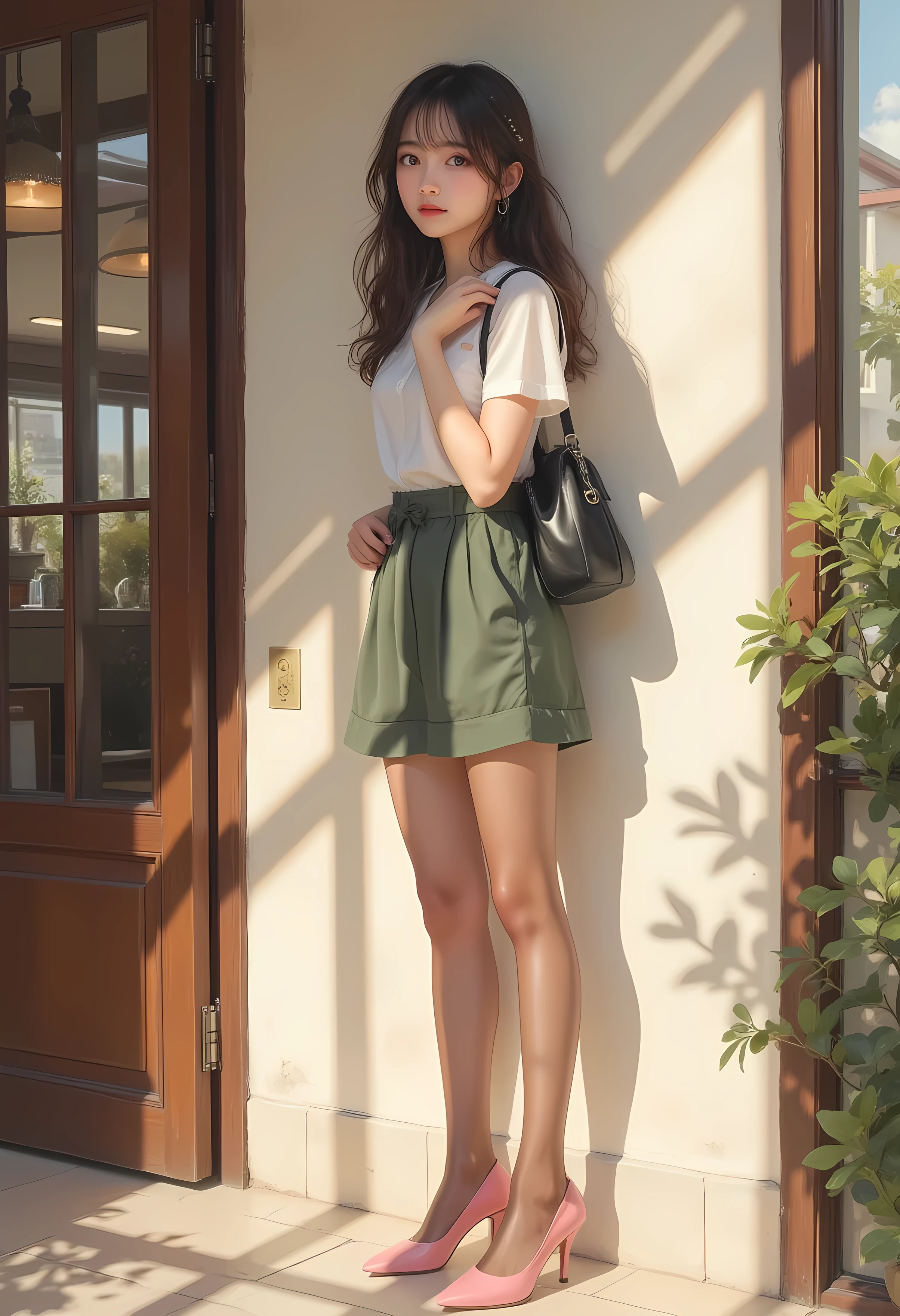 super real , Photorealistic , (Full body image:1.5), she looks so happy , shadow, Global Illuminations , Alone, (Japanese woman in her 20s :1.5), Very Beautiful、 Cute Smiles , vinegar, brown hair , Beautiful legs , Long, slender legs , すり身ウエvinegarト , She's wearing a receptionist ,バvinegarガイドのを着ています , turn your body forward、 white hair,full body photo ,Please take a picture up to the tip of your foot ,wear brown pantyhose on her legs ,When the light hits stockings, they reflects beautifully.,wearing pink high heels ,