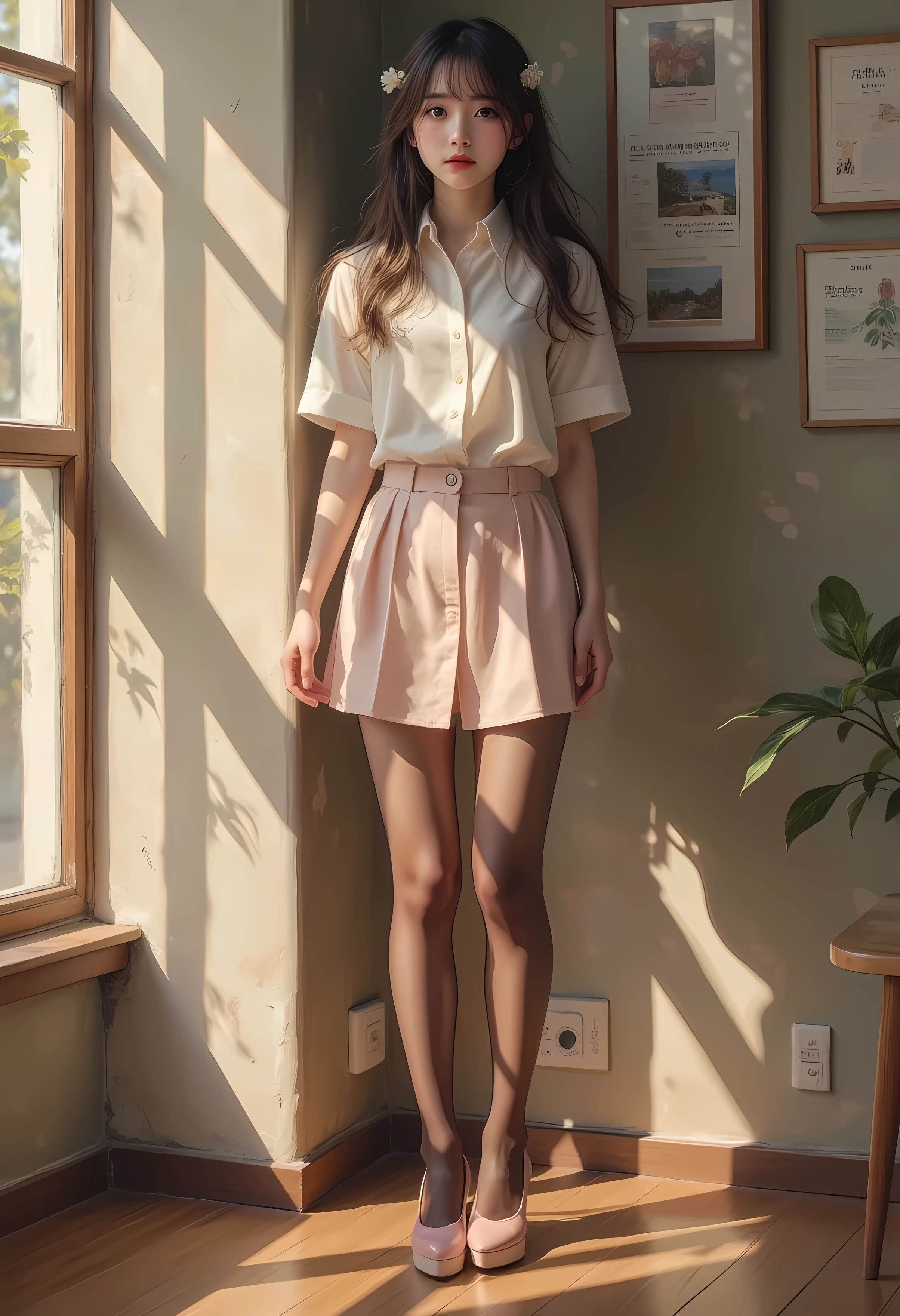 super real , Photorealistic , (Full body image:1.5), she looks so happy , shadow, Global Illuminations , Alone, (Japanese woman in her 20s :1.5), Very Beautiful、 Cute Smiles , vinegar, brown hair , Beautiful legs , Long, slender legs , すり身ウエvinegarト , She's wearing a receptionist ,バvinegarガイドのを着ています , turn your body forward、 white hair,full body photo ,Please take a picture up to the tip of your foot ,wear brown pantyhose on her legs ,When the light hits stockings, they reflects beautifully.,wearing pink high heels ,