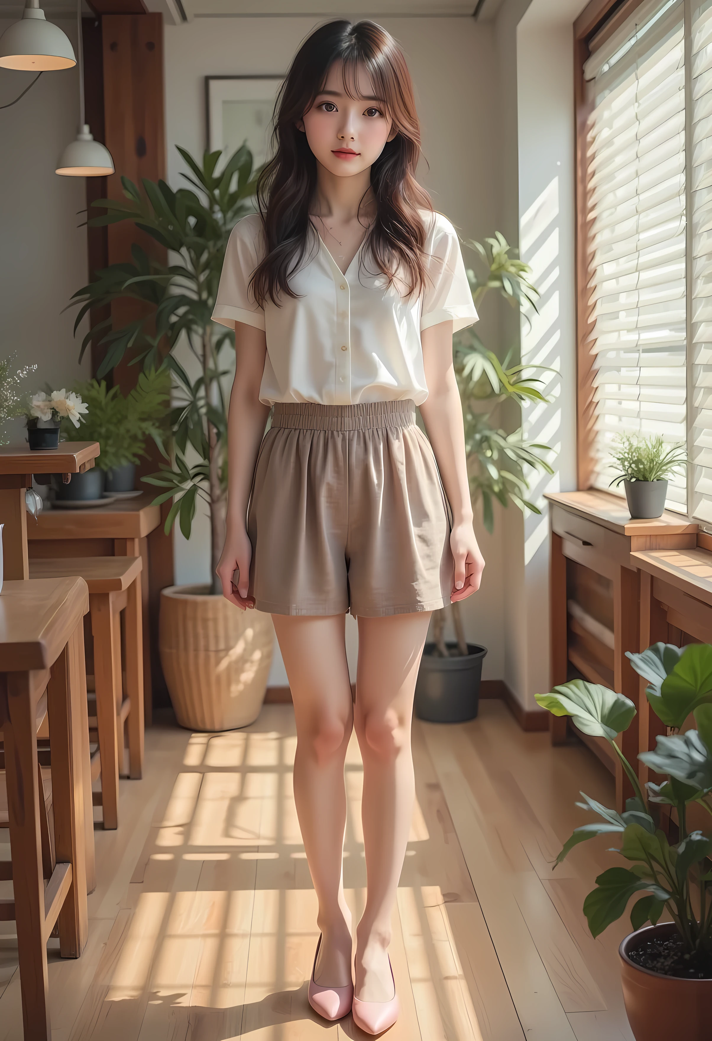 super real , Photorealistic , (Full body image:1.5), she looks so happy , shadow, Global Illuminations , Alone, (Japanese woman in her 20s :1.5), Very Beautiful、 Cute Smiles , vinegar, brown hair , Beautiful legs , Long, slender legs , すり身ウエvinegarト , She's wearing a receptionist ,バvinegarガイドのを着ています , turn your body forward、 white hair,full body photo ,Please take a picture up to the tip of your foot ,wear brown pantyhose on her legs ,When the light hits stockings, they reflects beautifully.,wearing pink high heels ,