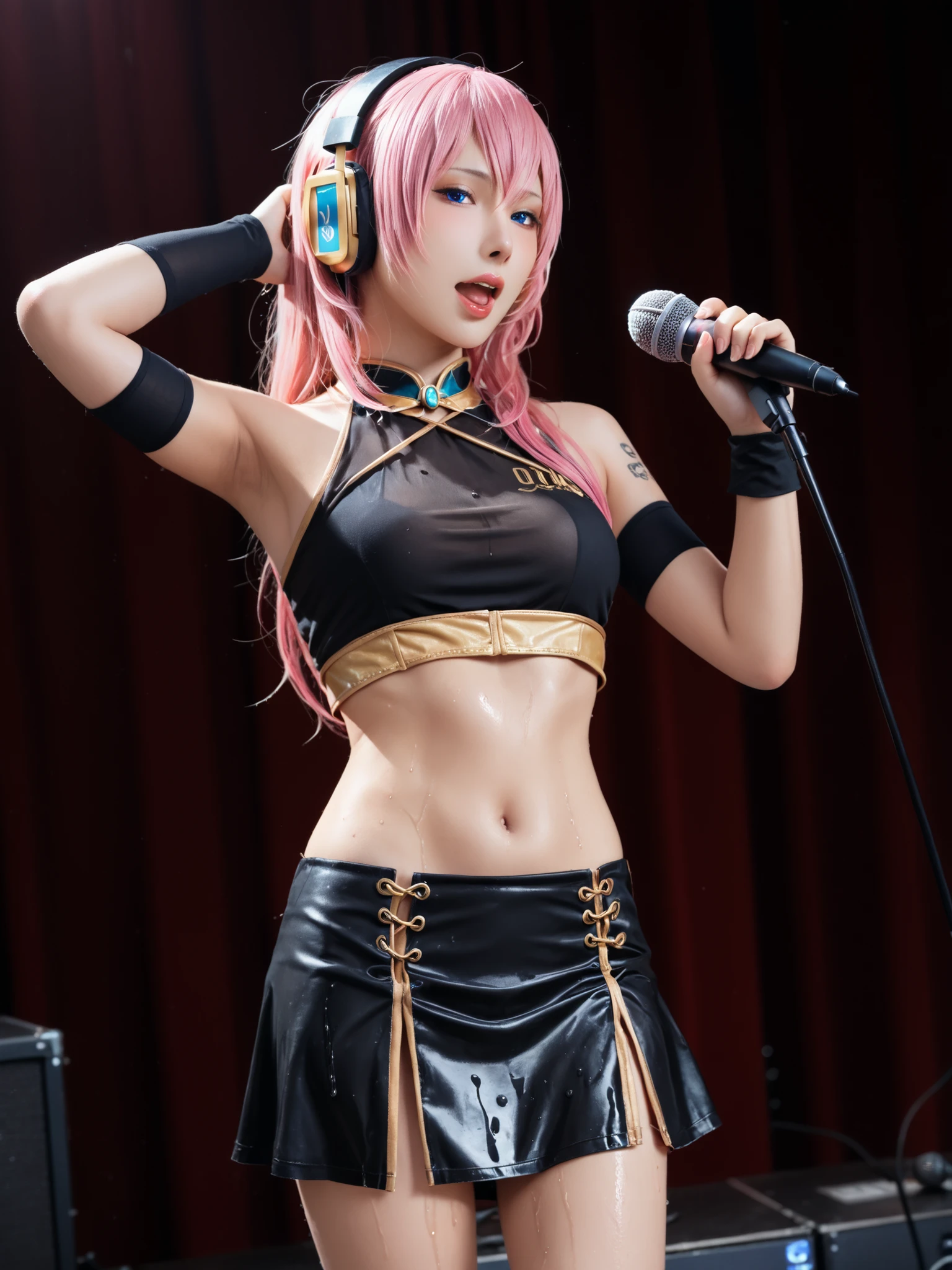 ((((nude)))).(wet skin,sweat,Armpit),(Soft Touch, Delicate Body Curves, Realistic human anatomy ),Luka Megurine , luka megurine, blue eyes, headphones, long hair, pink hair,arm warmers, Wristband, bare shoulder, black shirt, black skirt, Crop Top, midriff, belly button, shirt, shoulder tattoo, シングルarm warmers, skirt, tattoo,indoors, Stage, Stage lighting, sing, microphone, holding microphone, open mouth,watching viewers, Dutch Angle, cowboy shot,