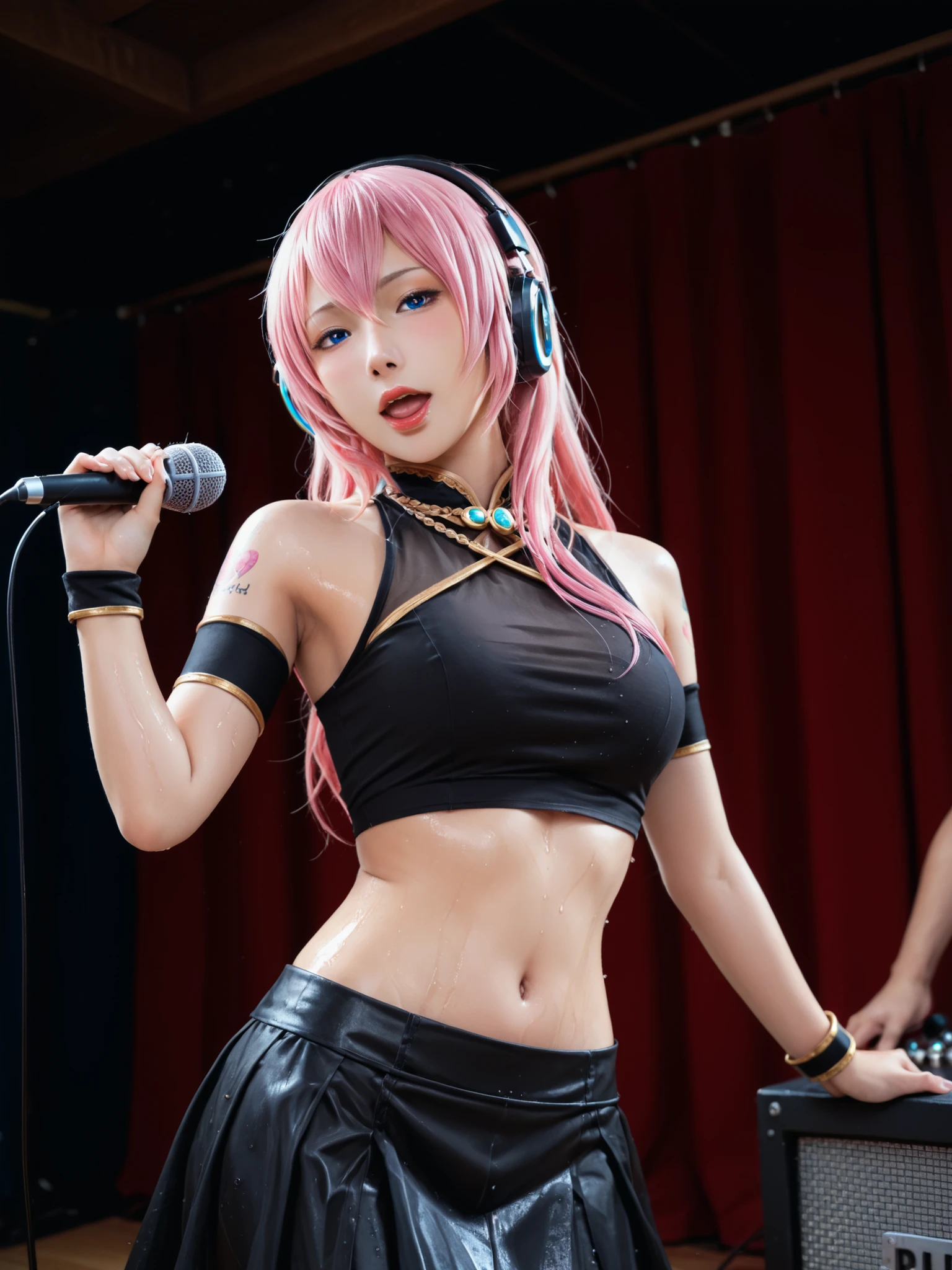 ((((nude)))).(wet skin,sweat,Armpit),(Soft Touch, Delicate Body Curves, Realistic human anatomy ),Luka Megurine , luka megurine, blue eyes, headphones, long hair, pink hair,arm warmers, Wristband, bare shoulder, black shirt, black skirt, Crop Top, midriff, belly button, shirt, shoulder tattoo, シングルarm warmers, skirt, tattoo,indoors, Stage, Stage lighting, sing, microphone, holding microphone, open mouth,watching viewers, Dutch Angle, cowboy shot,