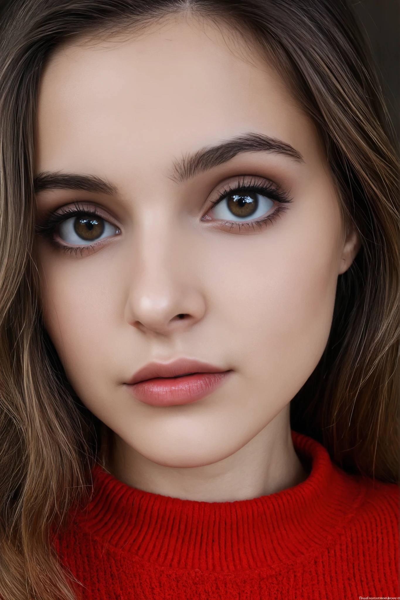 My 23 year old dead Moldovan sister Budeci Mariana Alexei looks at me closely wearing a red pullover, realistic,detailed