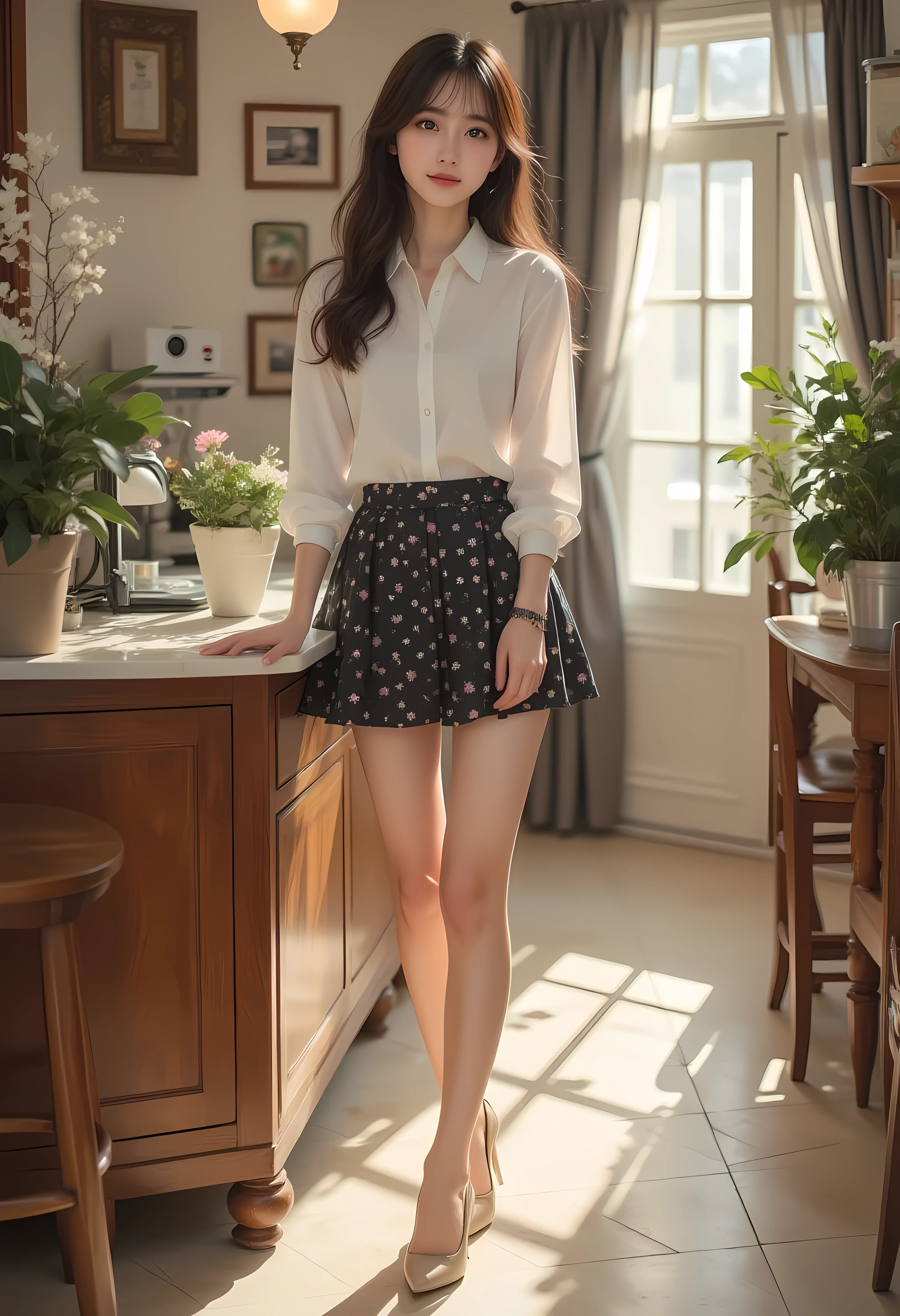 super real , Photorealistic , (Full body image:1.5), she looks so happy , shadow, Global Illuminations , Alone, (Japanese woman in her 20s :1.5), Very Beautiful、 Cute Smiles , vinegar, brown hair , Beautiful legs , Long, slender legs , すり身ウエvinegarト , She's wearing a receptionist ,バvinegarガイドのを着ています , turn your body forward、 white hair,full body photo ,Please take a picture up to the tip of your foot ,wear brown pantyhose on her legs ,When the light hits stockings, they reflects beautifully.,wearing beige high heels ,