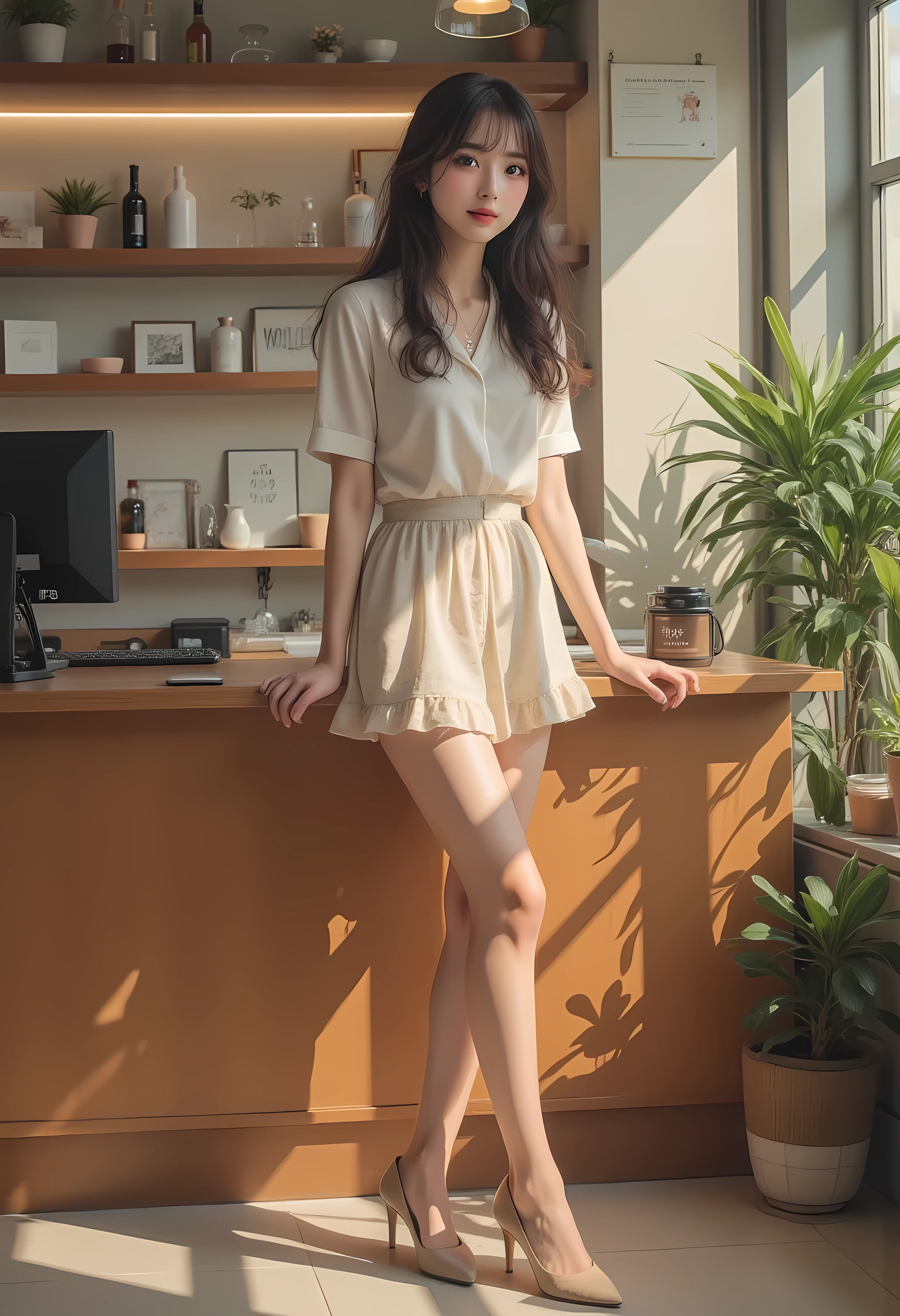 super real , Photorealistic , (Full body image:1.5), she looks so happy , shadow, Global Illuminations , Alone, (Japanese woman in her 20s :1.5), Very Beautiful、 Cute Smiles , vinegar, brown hair , Beautiful legs , Long, slender legs , すり身ウエvinegarト , She's wearing a receptionist ,バvinegarガイドのを着ています , turn your body forward、 white hair,full body photo ,Please take a picture up to the tip of your foot ,wear brown pantyhose on her legs ,When the light hits stockings, they reflects beautifully.,wearing beige high heels ,