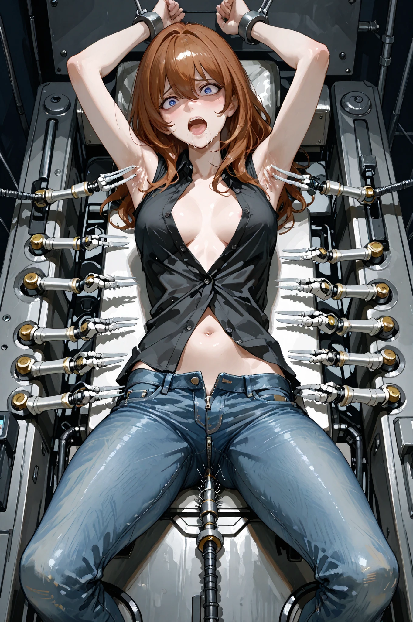 sexy beauty,Mine Fujiko,Female Spy,The darkness of the basement ,tickling machine,Caught and tortured,slender young woman, black open front shirt, the zipper on the jeans is fully open,big eyes ,Ahe face, ,Half Open Mouth,Long, slender limbs,Multiple Small Mechanical Arms, tickle, Tickling in the sides, Stroking the chest,太ももをtickle, ecstasy when I lick my face violently, Sensual Atmosphere Artistic Points:,10 small machine hands are growing,torture with a fully automatic stroking machine,tickleマシンから10本の小さな機械式アームが生えています,You can stroke your armpits with a mechanical arm,胸をtickleことができます,My thighs are tickled,The limbs are fixed,The black shirt has all buttons off,   take off your jeans to your knees ,,,Half naked,I can see my whole body,10 small mechanical arms have grown from the,Clothes are tattered and full of holes,open legs in parallel,