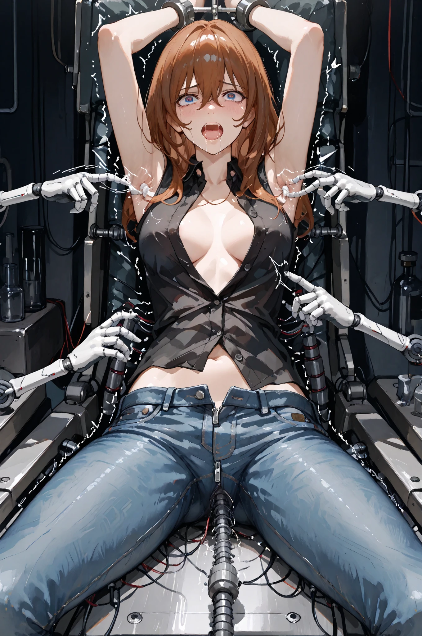 sexy beauty,Mine Fujiko,Female Spy,The darkness of the basement ,tickling machine,Caught and tortured,slender young woman, black open front shirt, the zipper on the jeans is fully open,big eyes ,Ahe face, ,Half Open Mouth,Long, slender limbs,Multiple Small Mechanical Arms, tickle, Tickling in the sides, Stroking the chest,太ももをtickle, ecstasy when I lick my face violently, Sensual Atmosphere Artistic Points:,10 small machine hands are growing,torture with a fully automatic stroking machine,tickleマシンから10本の小さな機械式アームが生えています,You can stroke your armpits with a mechanical arm,胸をtickleことができます,My thighs are tickled,The limbs are fixed,The black shirt has all buttons off, take off your jeans to your knees ,,,Half naked,I can see my whole body,10 small mechanical arms have grown from the,Clothes are tattered and full of holes,open legs in parallel,