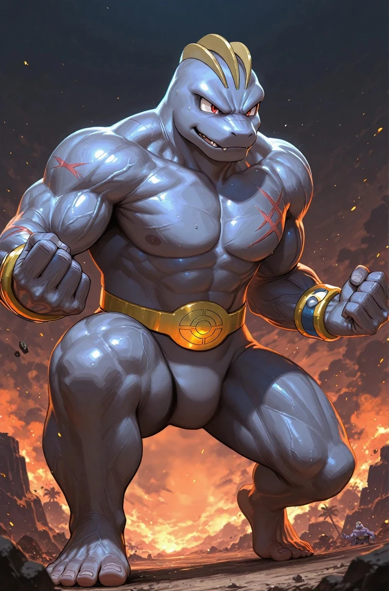 Machamp, pokemon, bald, grey skin, 4 arms, man, championship belt, briefs, looking at viewer, serious, smirk, red eyes, standing proud, macro in small city, summer, orange sky, high quality, masterpiece
