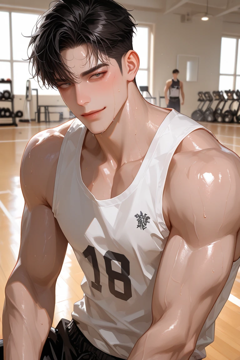 (handsome Man),(crew cut short hair:1.8),black eye,(Wear a fitted round neck t-shirt in navy with a police badge.:1.5),(fit neck),Navy blue jeans,(black_gloves:1.2), Korean guy,chest muscles,large arm muscles,blood vessel,Big muscles,Broad shoulders, (open mouth:1.2),(face up:1.2),(open eyes:1.5), middle of the road,smile, In the bread shop, (bread in hand)