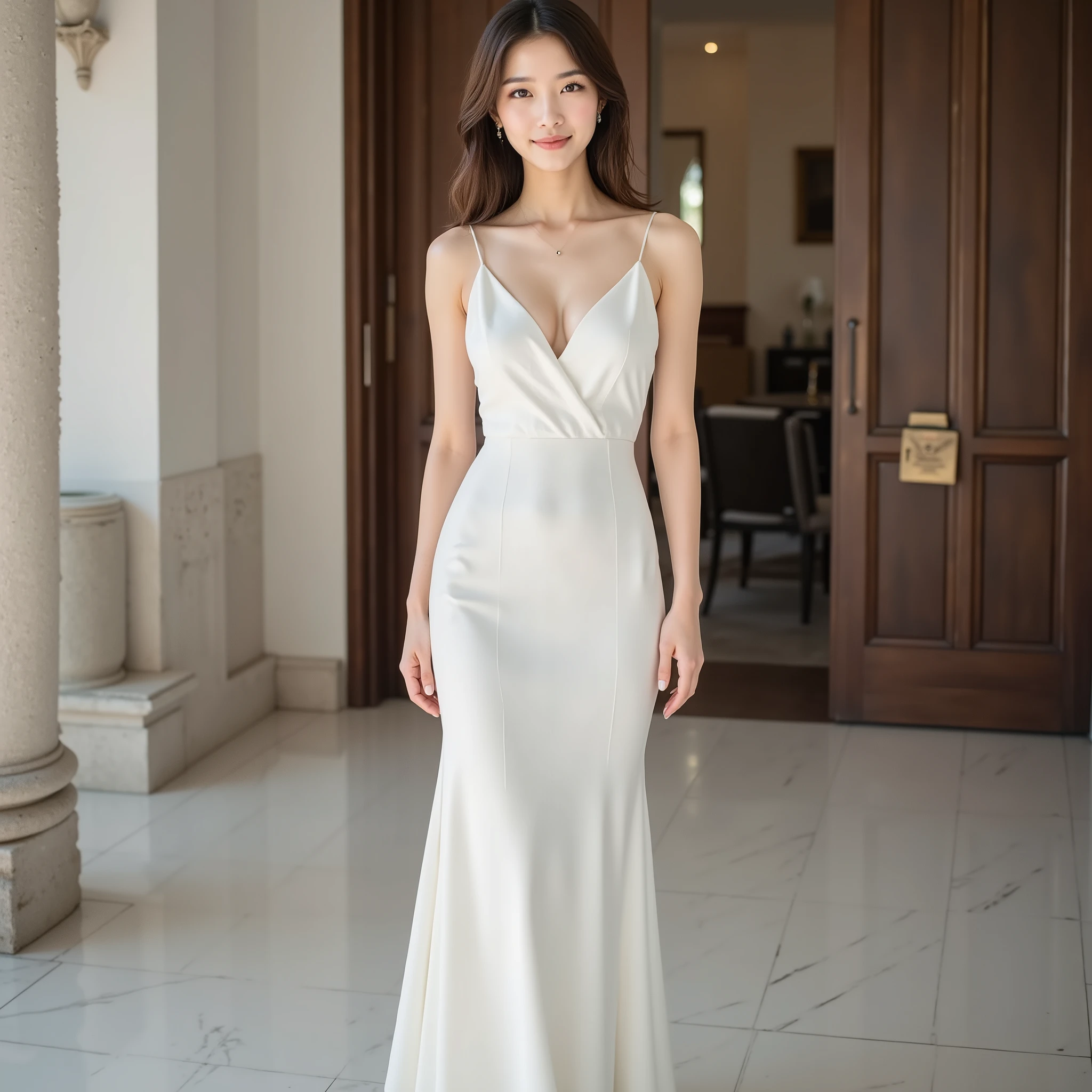 Nostalgia Day, (Super Detailed:1.30), (Ultra Realistic Full Body Portrait Photo:1.25), ( Super Detailed and clear focus :1.20), (At the center of the image is a woman :1.5), (At a wedding, She's Staring At Me, Smile Yan, and Throw Kisses with Full Body Shots:1.5), (Studio Lighting to Illuminate Your Body:1.10), ( ultra detailed beautiful Japanese female idol :1.5), BREAK,
(Silk Camisole Dress for Your Wedding Day at Church, tube top dress, Tight Chest and Flared Skirt, Trendy Wedding Dress, BREAK,
(Super Detailed beautiful Japanese female idol:1.10), (Super Detailed beautiful slender and glamor:1.9), (perfect anatomy:1.15)), (Cute Smile Yan:1.3), (Super Detailed big eyes, double eyelids), BREAK, No Wedding Veil, no hair ornament,
((Super Detailed upturned beautiful breasts, Deep Creamy Beige F Cup Breasts:1.5)), deep v-neck, ((the best skin and perfect costume:1.8), BREAK,
(Super Detailed finely textured shiny oily skin:1.5), (shiny skin), (( wavy curly hair , Symmetrical bangs, Super Detailed美しく輝く髪:1.5)), (light brown hair), BREAK,
(Full body photo:1.5), dynamic angle, Group of 4 tall high school students wearing black leather designer bags, BREAK,