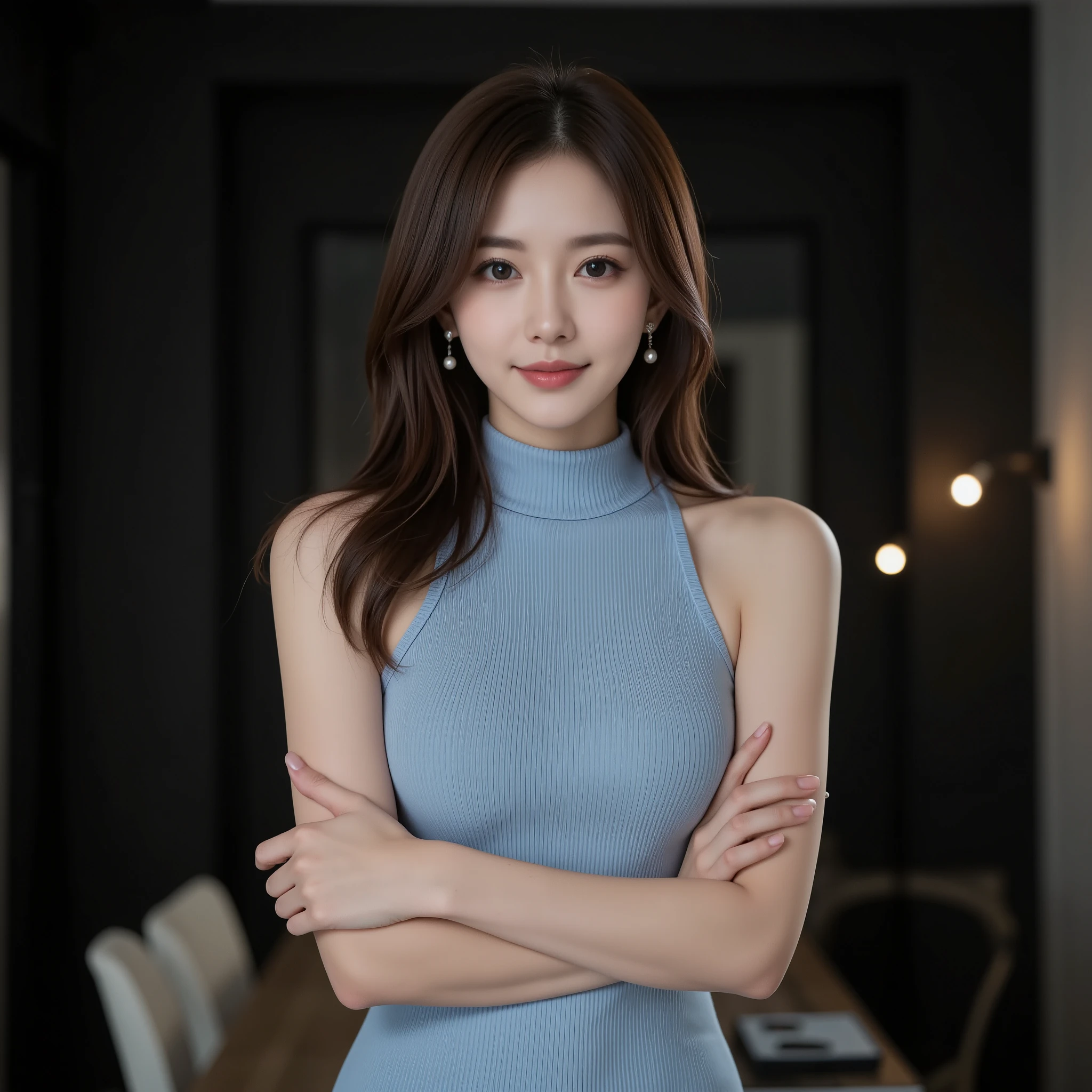 NSFW, (Highest quality), (Ultra-precise CG 16K wallpaper), (Realistic), (High saturation), (Sharp), (Full screen image), Beautiful detailed shading, Beautiful natural lighting, Beautiful detailed glow, Natural light, Depth of field, Zoom in, (Mature 24-year-old woman, One person), (Beautiful Japanese face), (Soft wavy semi-long hairstyle with bangs down), (Shiny brown hair), (Sparkling eyes), (C cup size breasts), (Full breasts), (Beautiful breasts), (Beautiful legs), (Beautiful skin), Beautiful proportions, (Indirect lighting from below), (Woman smiling with mouth open: 1.0), (The woman is looking at me), (Woman wearing a light blue sleeveless high-neck ribbed knit mini dress), (Wearing pearl earrings), (Arms crossed pose), (Room with black walls), (Head to waist shot of woman), (Image of woman seen from three-quarter front), (Woman standing in front of a wall),