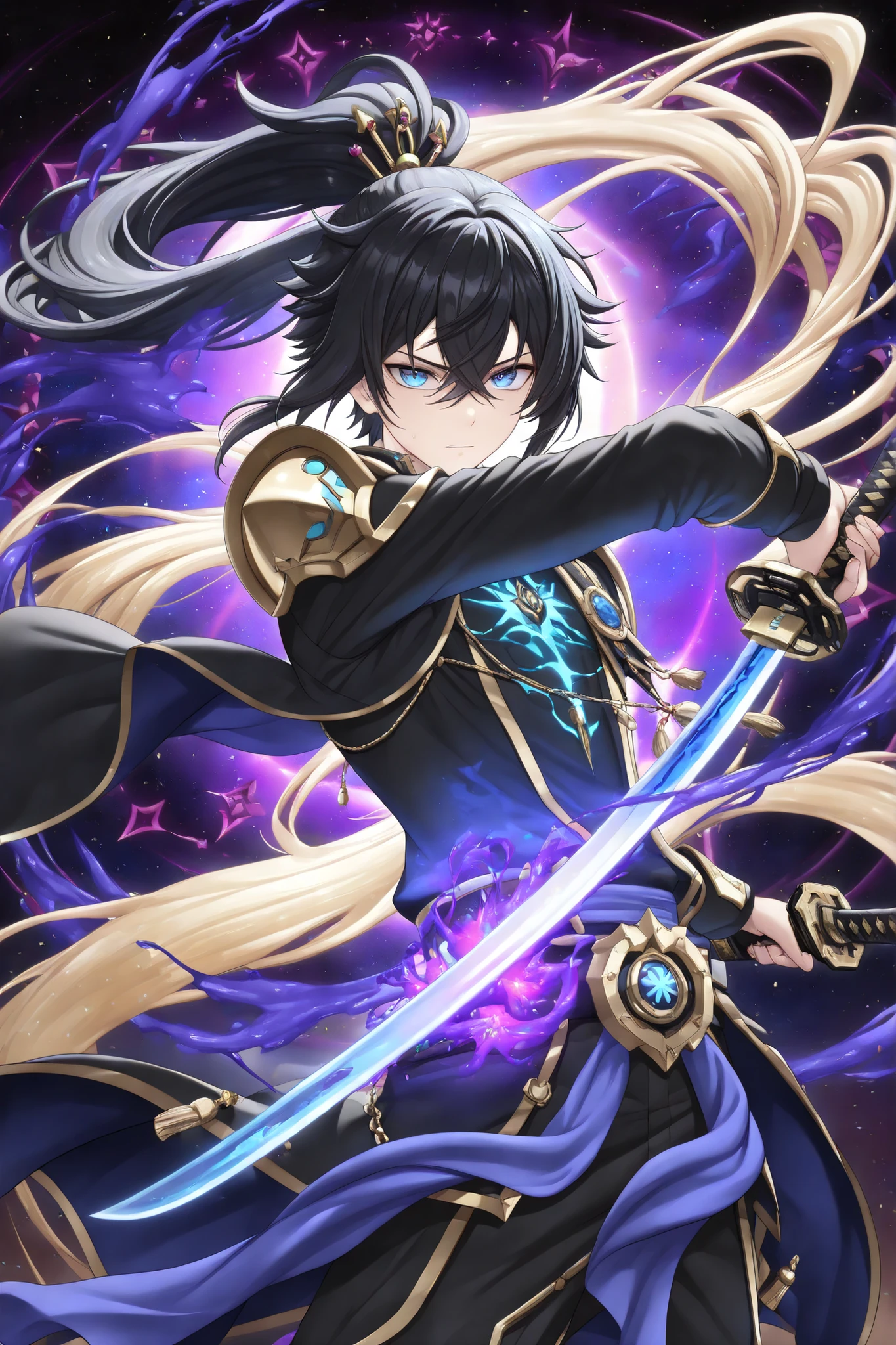 masterpiece, ultra highres, best quality, solo male, cinematic lighting, 8k CG render Main Character - Abaddon Noctis:
- ((1 MALE ONLY, ethereal beauty))
- ((extremely detailed face, 1.2))
- ((warm honey skin tone, natural))
- ((light golden undertones))
- ((NOT oversaturated skin))
- ((wild flowing black hair))
- ((mid-length ponytail))
- ((glowing violet-blue eyes))
- ((intense expression))
- ((sharp defined features))
- ((otherworldly aura)) Pose & Action:
- ((dynamic full-body shot))
- ((powerful stance))
- ((fluid motion capture))
- ((wielding cosmic katana))
- ((hair flowing dramatically))
- ((combat-ready pose))
- ((commanding presence)) Weapon & Effects:
- ((iridescent void katana))
- ((shimmering cosmic blade))
- ((dark energy crackling))
- ((void-imbued weapon))
- ((ethereal weapon glow)) Setting & Atmosphere:
- ((cosmic background))
- ((swirling nebulas))
- ((distant stars))
- ((dark void elements))
- ((dramatic lighting))
- ((cosmic wind effects))
- ((ethereal environment)) Additional Tags:
- cinematic composition, detailed armor, flowing fabric, cosmic effects, dramatic shadows, ultra detailed