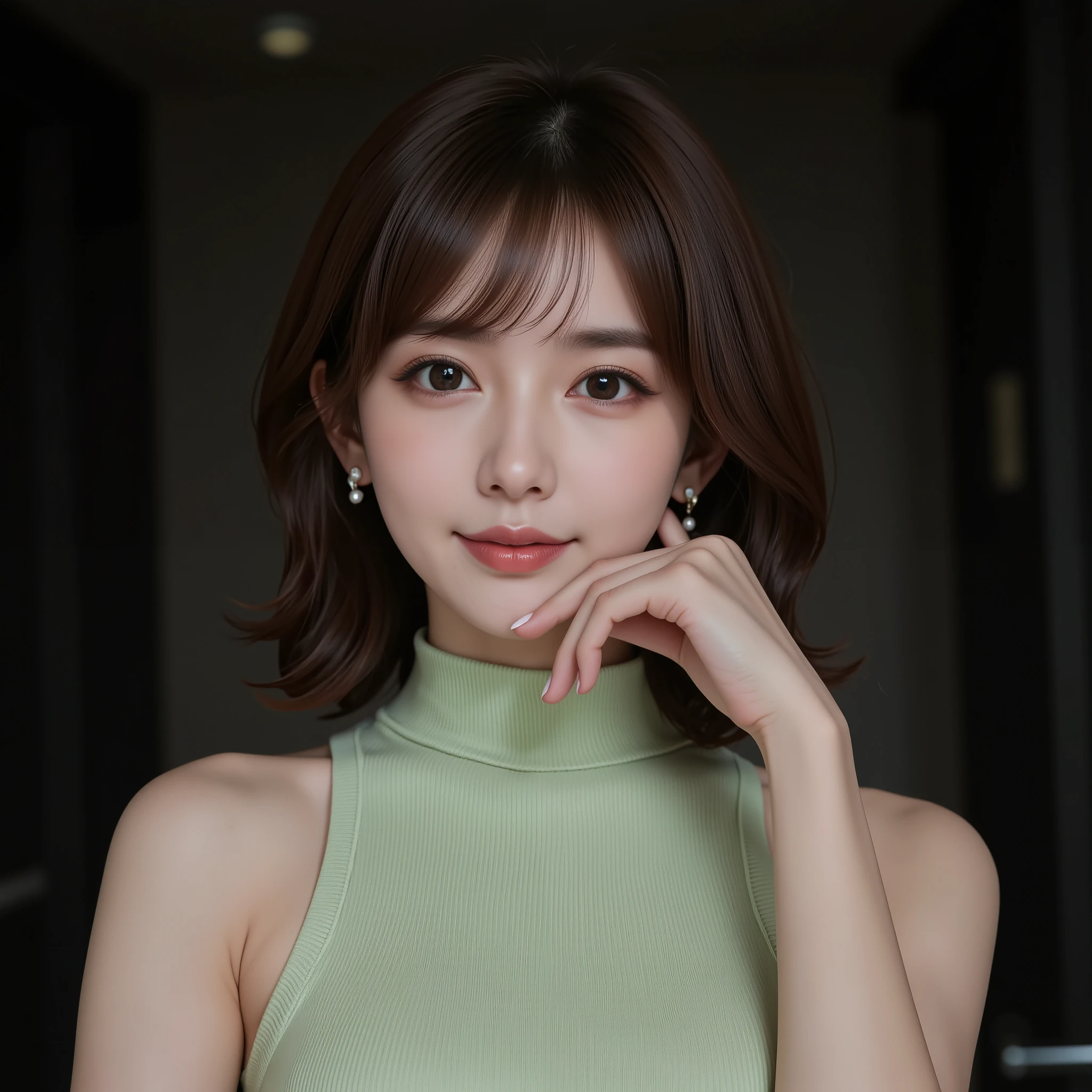 NSFW, (Top Quality), (Ultra-Precise CG 16K Wallpaper), (Realistic), (High Saturation), (Sharp), (Full Screen Image), Beautiful Detailed Shading, Beautiful Natural Lighting, Beautiful Detail Glow, Natural Light, Depth of Field, Zoom-in, (Mature 24-year-old Woman, One Person), (Beautiful Japanese Face), (Soft Wavy Bob Hairstyle with Bangs Down), (Shiny Brown Hair), (Sparkling Eyes), (C-Cup Size Breasts), (Full Breasts), (Beautiful Breasts), (Beautiful Legs), (Beautiful Skin), Beautiful Proportion, (Indirect Lighting from Below), (Woman Smiling with Mouth Open: 1.1), (The Woman is Looking at Me), (Woman Wearing a Light Green Sleeveless High-Neck Ribbed Knit Mini Dress), (Wearing Pearl Earrings), (Pose with Hand on Chin), (Room with Black Walls), (Shot of Woman from Head to Waist), (Image of Woman Viewed from Three-Quarter Front), (Woman Standing in Front of a Wall),
