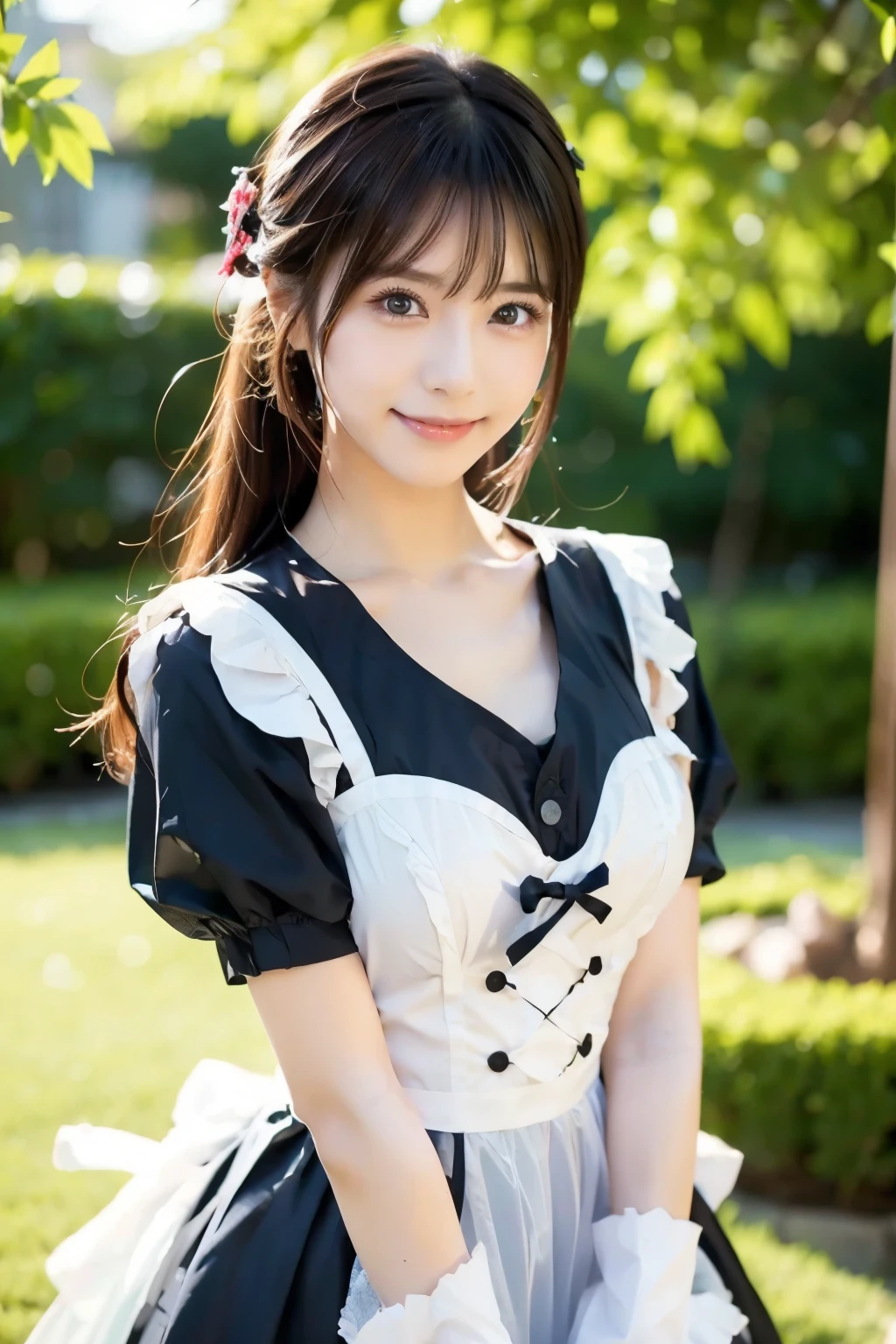 青いdressと白いエプロンを着て庭園の芝生に座る日本人モデル、Anime Cosplay、maids!dress, Pro Cosplay , cosplay pictures, maids衣装の日本人アイドル、looking at the camera、finely beautiful eyes、Cute Smiles、soft and gentle expression