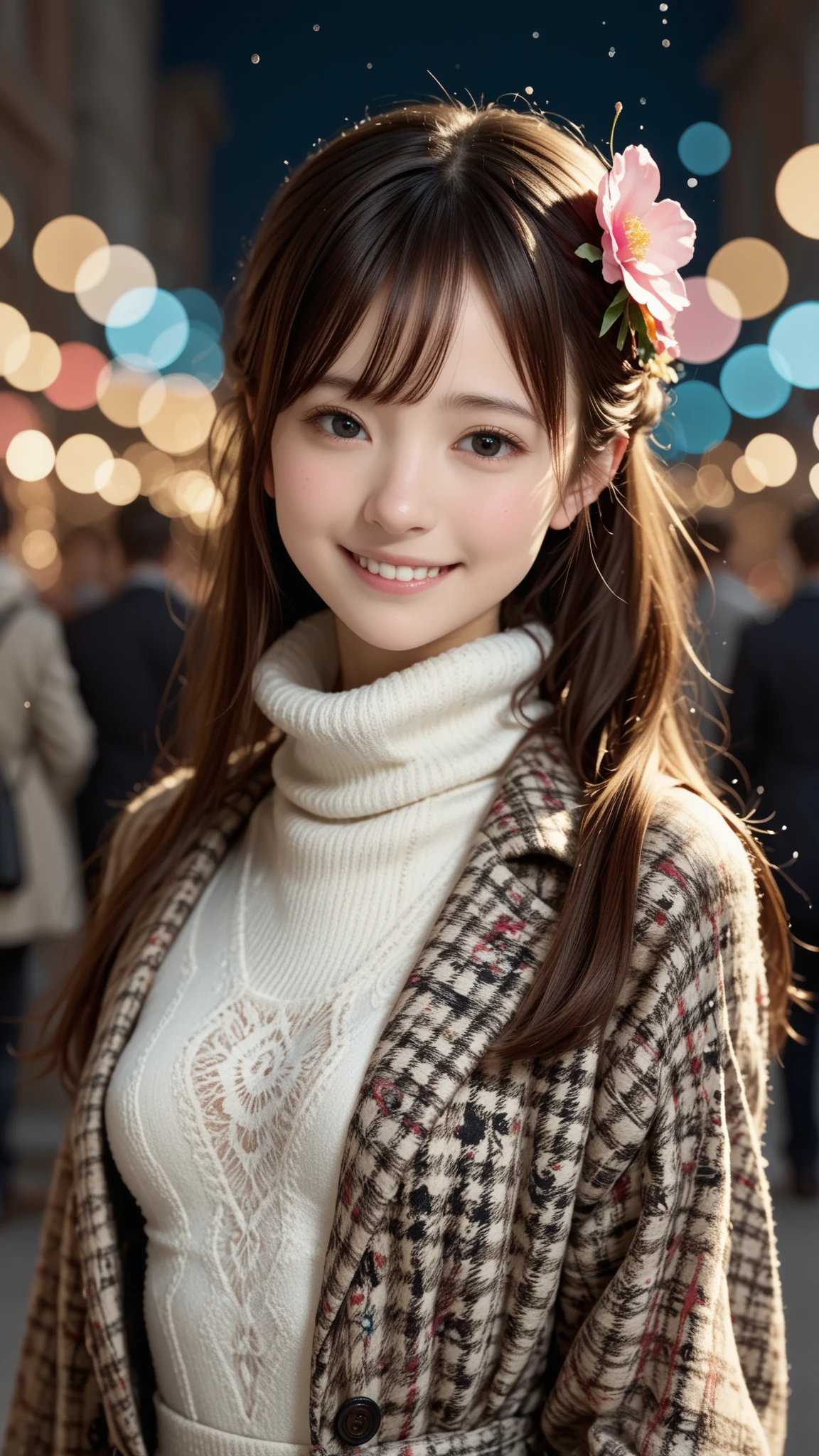 ( Symmetrical ,  Composed of Colorful Geometric Arabesque Patterns, Flower,   bubbles and splashes and sparkles  ), BREAK, (1girl), (18 years old), 非常にbeautiful detail to cross a man's arms顔, I smile shyly,  Symmetrical  black eyes, small breasts), BREAK, (  Red Houndstooth Coat  :1.4), (Off White Turtleneck Sweater Dress:1.3), Dark Brown Hair, half up, (detailed face:1.2), BREAK, high quality, realistic, cosplay, very detailed, High Definition RAW COLOR PHOTO , Professional Photo Shooting, realistic portrait, cinematic lights, beautiful detail to cross a man's arms, Super Detailed, high resolution, (((Bokeh))), depth of coverage, Illuminations, Super Stylish Light