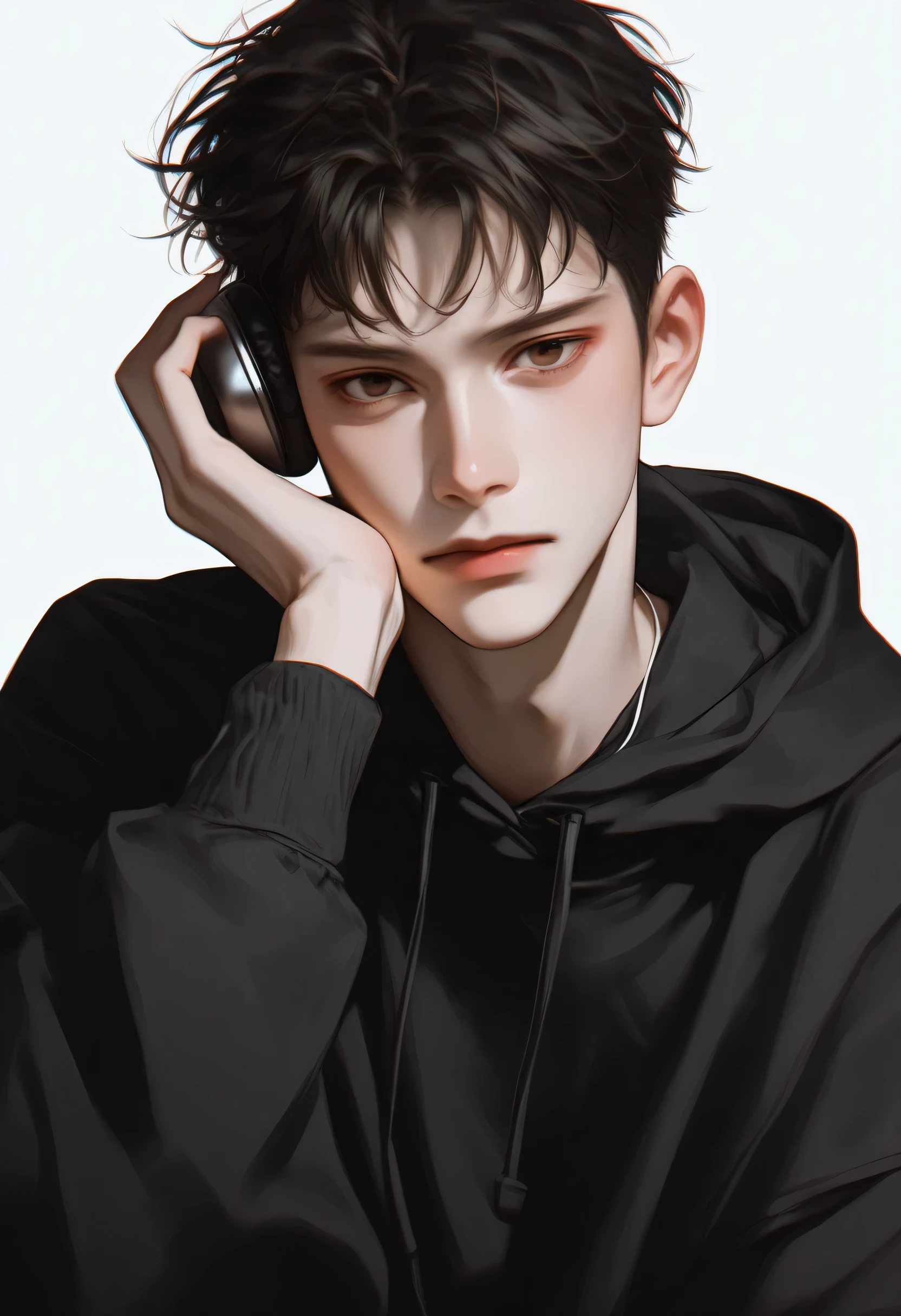 Create a monochromatic, high - contrast black and white manga - style illustration of a young man. He is wearing a hoodie, with his hood up, covering part of his hair. His hair is dark and has a slightly messy texture. He holds a pair of headphones in one hand, near his face, with a contemplative or slightly melancholic expression. The artwork should feature bold, clean lines, characteristic hatching and cross - hatching for shading to give it a classic manga look, and a simple, uncluttered background. --ar 1:1 --s 1000 --niji 5