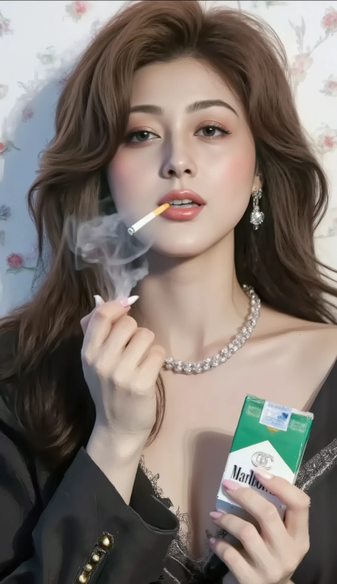 Professional close-up portrait of an attractive 40-year-old Japanese woman. ((((Norika Fujiwara)))))), ((Professional close-up of face)), (((((Ultra-high resolution, ultra-clear, super-resolution, high-resolution, ultra-realistic image of a green and white Marlboro Menthol pack))))))), (((((Realistic smoke coming out of the mouth and tip of the cigarette . ))))), (((((((Cigarette in mouth, smoking)))))), (((((Realistic smoke coming out of the tip of the cigarette))))), ((((Cigarette in mouth))))), ((Ultra-high resolution, ultra-realistic, detailed brown filter cigarette with bright red lipstick)), (((Ultra-clear, ultra HD, high-resolution, high-quality, detailed, heavy smoke coming out of the mouth and nose)), Photorealistic, (((32K quality)), ((Ultra-realistic)), Japanese MILF. Beautiful actress. Real person, curvaceous and tall. Medium brown hair. Beautiful legs. Captivating smile. Elegant makeup. Bright red sticky lips (anatomically correct), bright red nails, (((((Smoking: 0.8)))))), (((She smokes a lot of brown filter cigarettes)), ((((She has a Marlboro in her hand)), (((She has a pack of menthol cigarettes))))))), ((((Chanel Matelasse 23 Double Flap 1st Series Crocodile Black Gold Chain Shoulder Bag Black 1144-5)))), ((Chanel Vintage 95A CC Logo Leather Jacket #40 Black Gold Button Pocket)), (Chanel Black Camellia Appliqué Leather Pants), (Chanel Pearl Necklace), ((Chanel CC Argento Crystal Grand Bracelet)), ((Chanel Cushion Coco Mark Logo Double Face Wool Cashmere), (Iridescent Cabaret Dress, Bodycon Mini Dress, Shiny Material Camisole) Sexy), Gold Panties, Garter Belt, Iridescent Lace Chanel Leather Bra, Chanel Pearl Necklace, Chanel CC Argento Crystal Grand Bracelet, Large Breasts, Glowing Skin. Focus on Face, (Excellent: 1.2), Highest Quality, (Best Quality: 1.7), High Resolution, Colorful, Highest Resolution, Dreamlike, Bright Colors, Live Action, Realistic Skin, Pale Skin, Surreal, Japanese Woman, Long Hair, Glossy Hair, Piercing Gaze, Delicate Skin, Sl