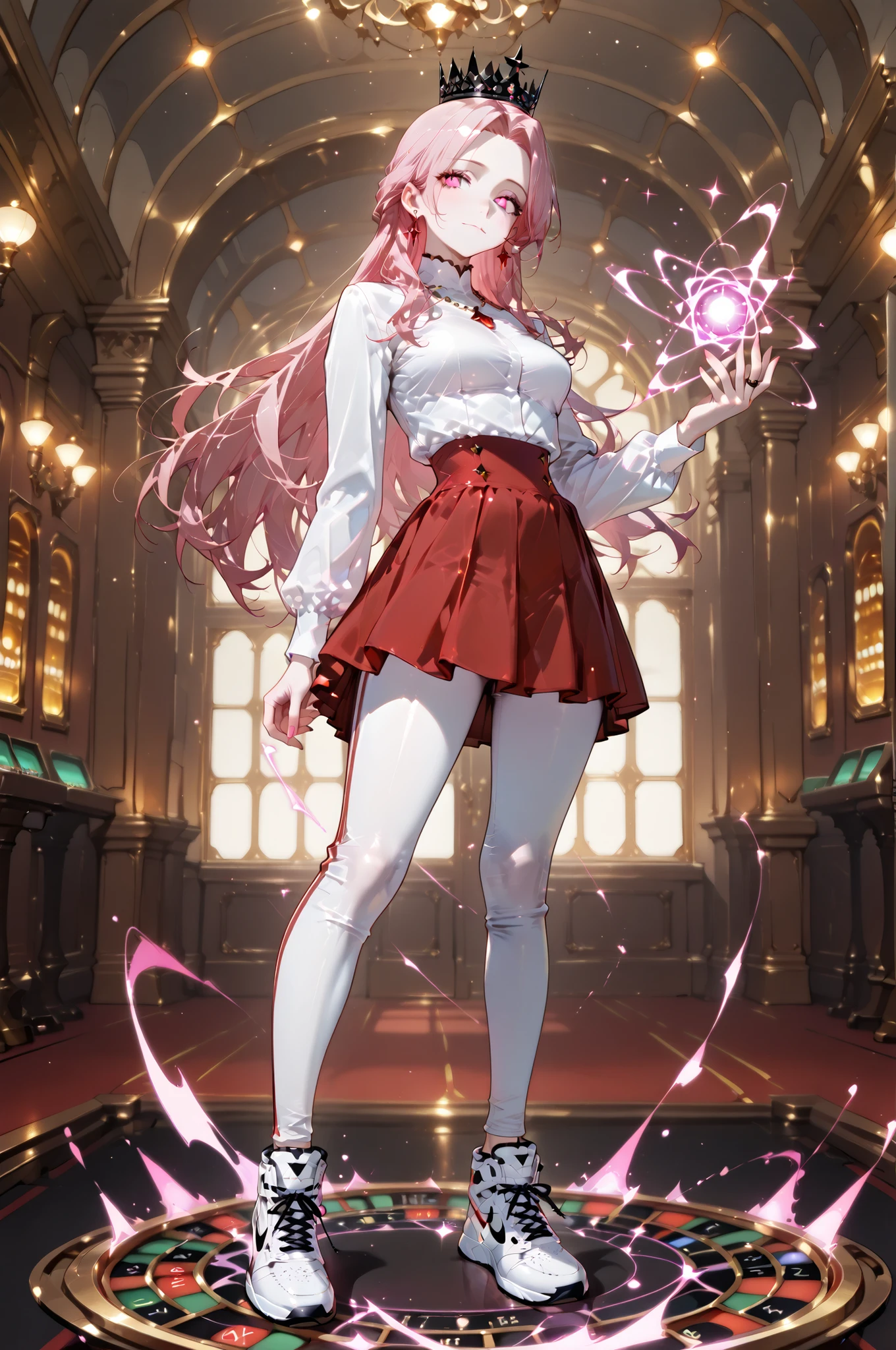 masterpiece, best quality, amazing quality, very aesthetic, high resolution, newest, hyper-detailed, solo, female character, mature woman, pale skin, long hair, pink hair,tall female figure, medium breasts, large waist, withe cropped, white leggings pants, red skirt, nike shoes, black crown on his Head, jewelry, standing on a magic energy spheres around her , full body, fan art, Casino background