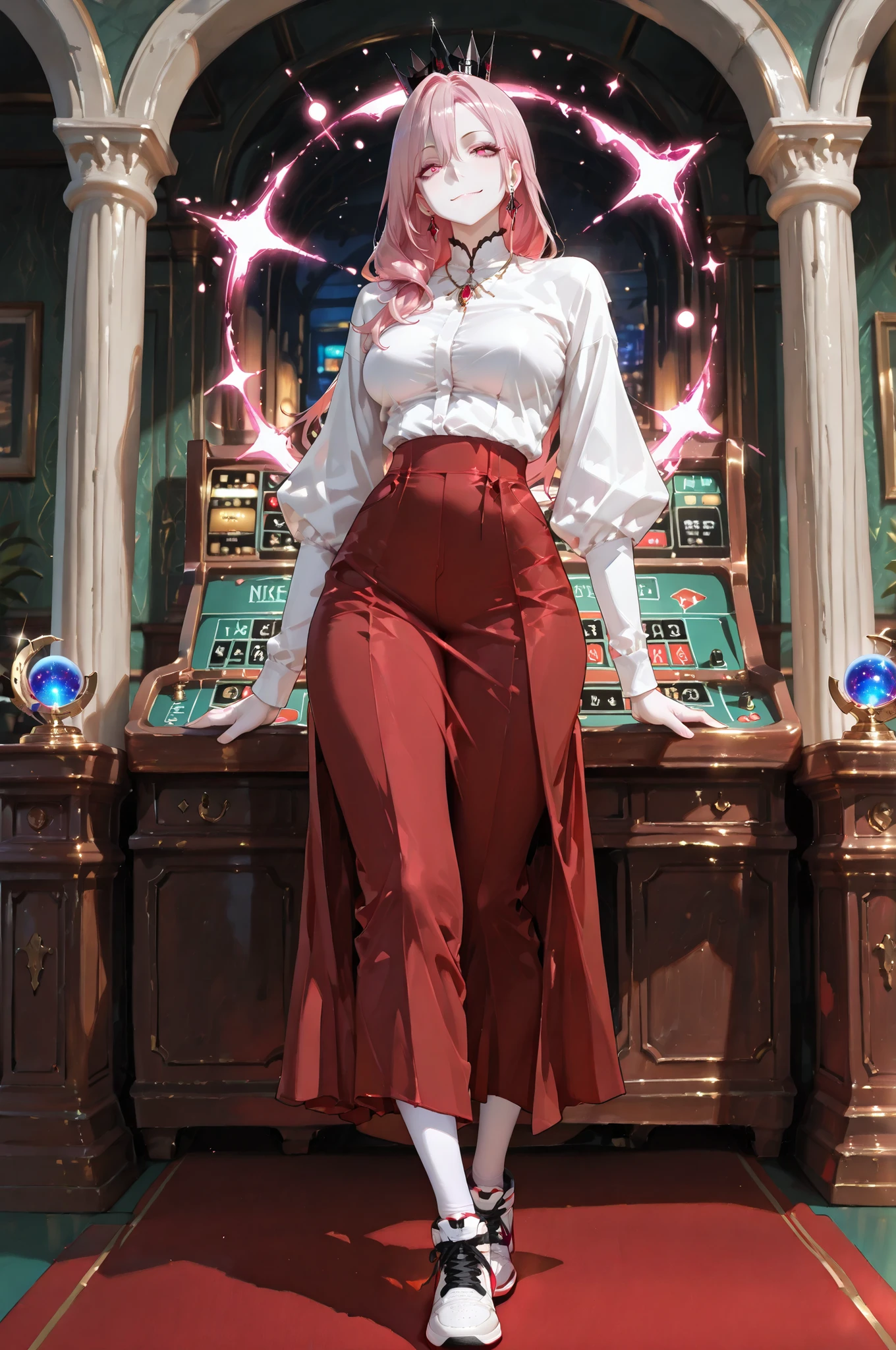 masterpiece, best quality, amazing quality, very aesthetic, high resolution, newest, hyper-detailed, solo, female character, mature woman, pale skin, long hair, pink hair,tall female figure, medium breasts, large waist, withe cropped, white leggings pants, red skirt, nike shoes, black crown on his Head, jewelry, standing on a magic energy spheres around her , full body, fan art, Casino background