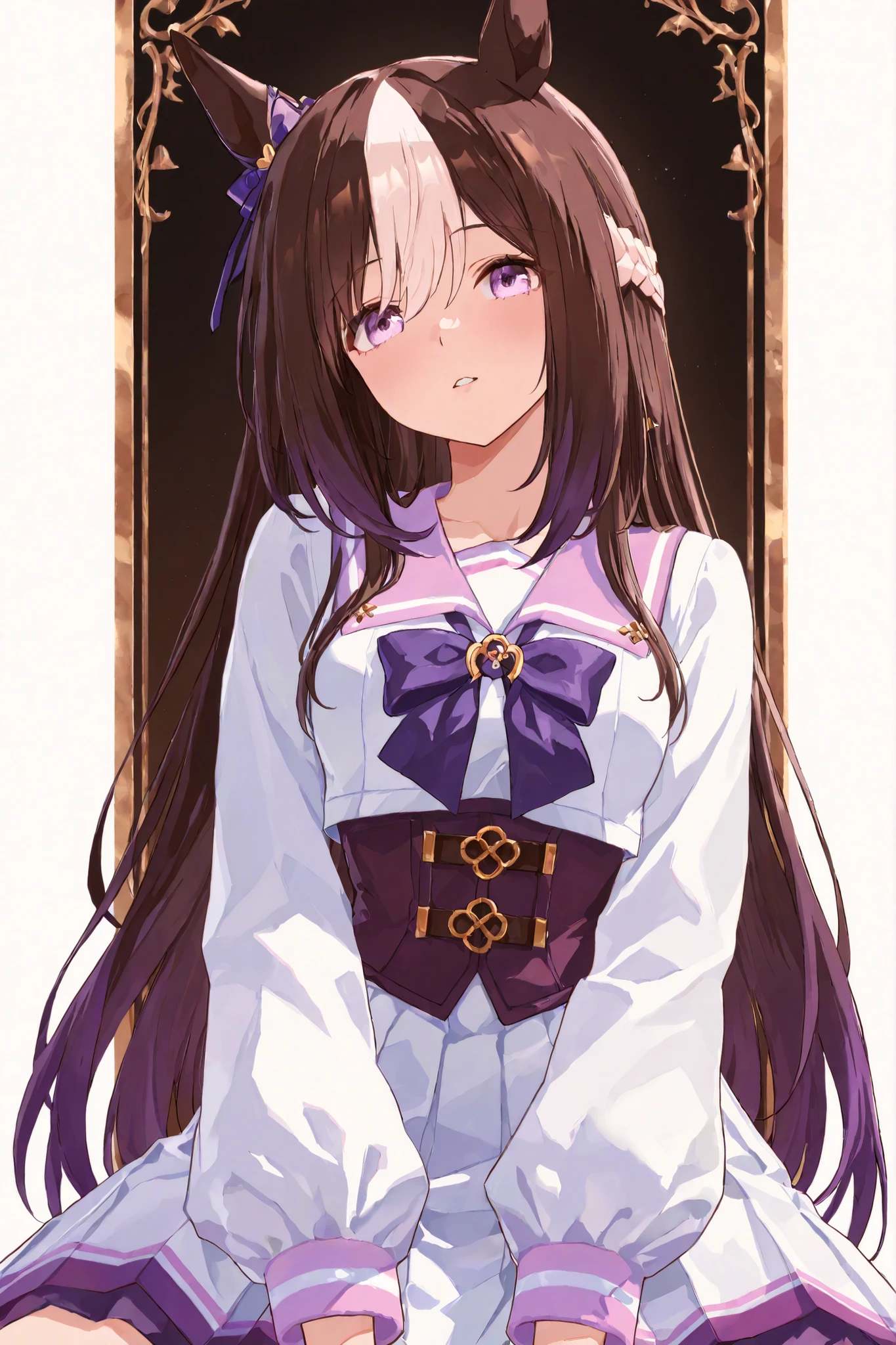 A young Special Week character is dressed in a pastel-themed outfit that exudes a sense of cuteness and charm. Your costume features a light purple sailor-style dress adorned with a large, dark purple bow on the chest, embellished with a circular golden-yellow accessory in the center. The dress has short, fluffy sleeves with white edges, perched by a white panel descending down the front of the bodice. Her skirt is pleated and mostly white, , increasing the aesthetics of the school uniform. The character's hair is dark brown, stylized in an elegant style with straight tips, and is accented with a purple bow on one side of the head, further highlighting her adorable appearance. Perched on top of his head is a pair of horse ears, contributing to an anthropomorphic or fanciful aspect to your design, creating an overall whimsical and captivating look.