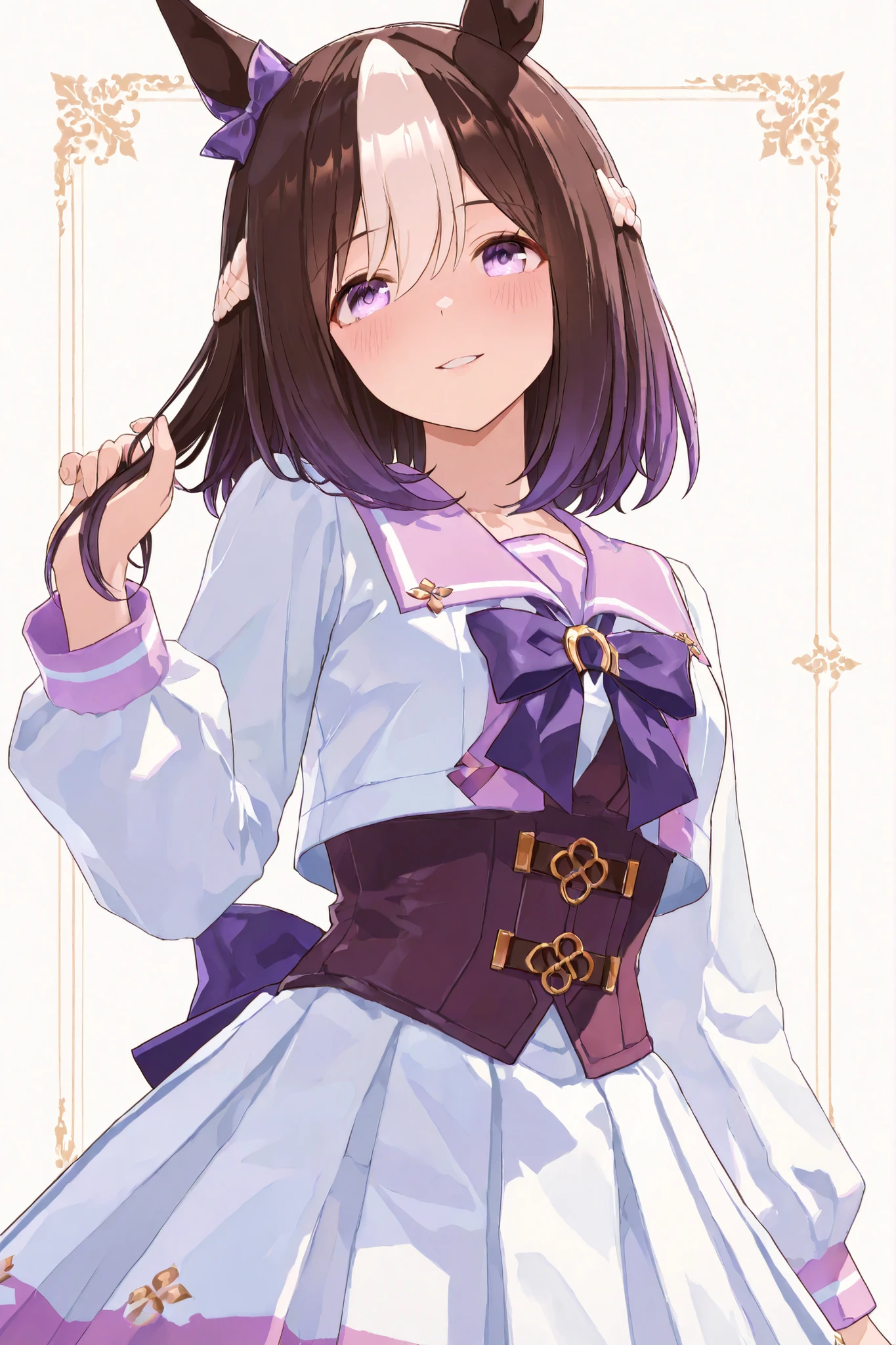 A young Special Week character is dressed in a pastel-themed outfit that exudes a sense of cuteness and charm. Your costume features a light purple sailor-style dress adorned with a large, dark purple bow on the chest, embellished with a circular golden-yellow accessory in the center. The dress has short, fluffy sleeves with white edges, perched by a white panel descending down the front of the bodice. Her skirt is pleated and mostly white, , increasing the aesthetics of the school uniform. The character's hair is dark brown, stylized in an elegant style with straight tips, and is accented with a purple bow on one side of the head, further highlighting her adorable appearance. Perched on top of his head is a pair of horse ears, contributing to an anthropomorphic or fanciful aspect to your design, creating an overall whimsical and captivating look.