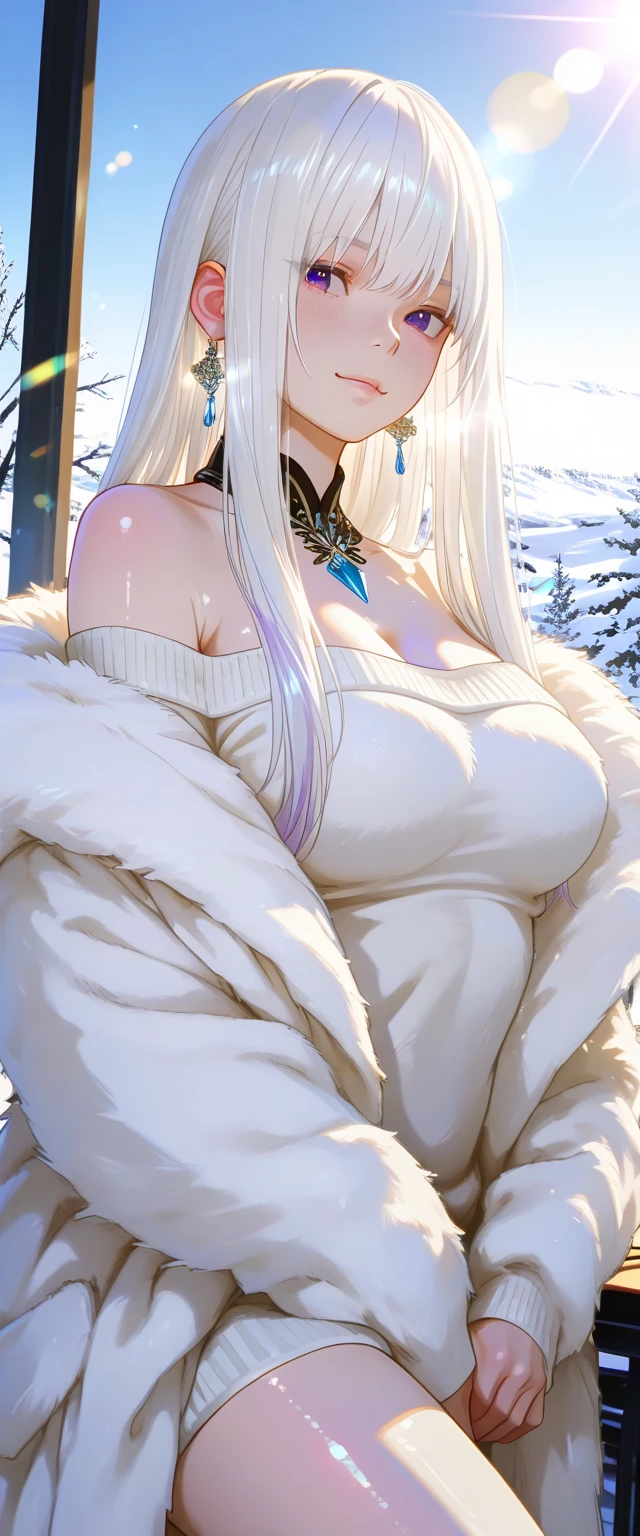 milf, 30 years old, (highres, masterpiece:1.2), white hair, robe, grey robe, ????????????, thick thighs, standing, pelvic curtain, thighhighs, v-neck, strapless dress, blue eyes, tiara, smile, long hair, layered dress, elaborate clothing, ponytail, snow, forest in background