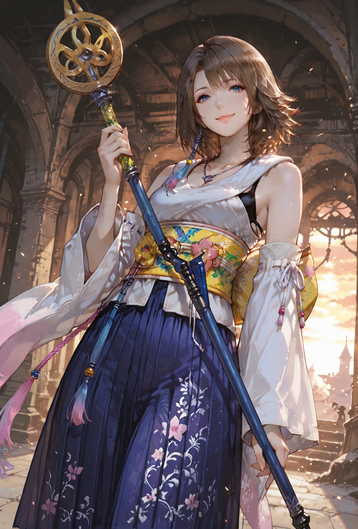 (score_9,score_8_up,score_7_up),Yuna (FFX), ((WOMAN,YUNA , FINAL FANTASY X, YUNA full clothers, WITH A MAGICAL YUNA STAFF ,), ,,extremely detailed,dynamic lighting,best quality,,,best quality,high quality,, , dynamic angle, , thick thighs, motion lines,, , solo, perfect eyes,,DETAIL,MASTERPIECE,,Expressiveh, ultra detailed,,,,very detailed,extremely detailed,dynamic lighting,best quality,(score_9,score_8_up,score_7_up), YUNA, FINAL FANTASY X, BLUE eyes, BROWN MEDIUM HAIR SPIKY hair, , BODY TYPE SLIM,,extremely detailed,dynamic lighting,best quality,pale skin,evil smile,, sleeve,