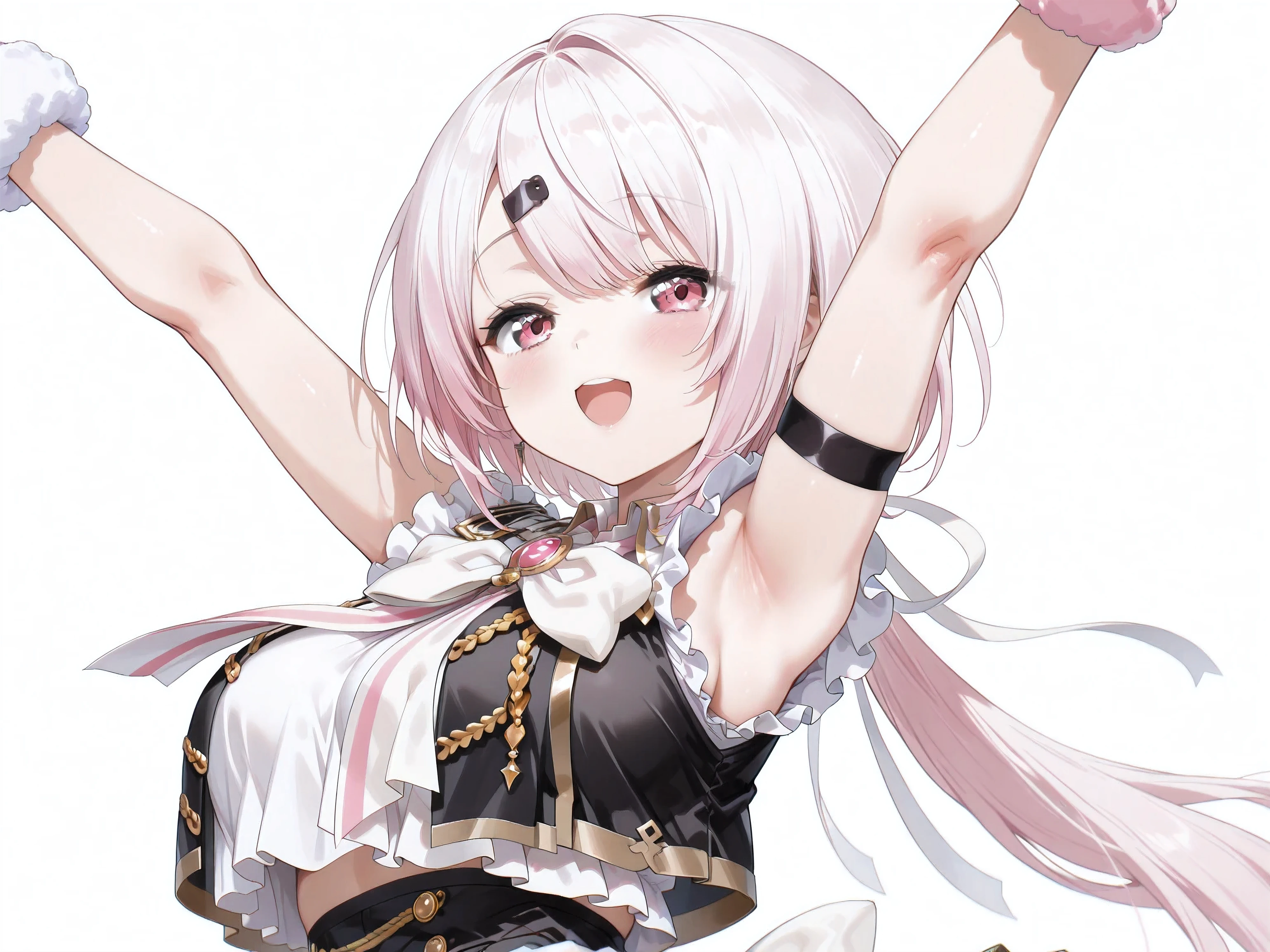 nijiyuikacos,white shirt,frilled shirt,shirt overhang,sleeveless,black vest,crop top vest,open vest,aiguillette,gold trim,((large white bow tie)),pink brooch,single armband,black armband,white skirt,frilled skirt,layered skirt,black thigh strap,fur-trimmed gloves,,nijiyuikacos,white shirt,frilled shirt,shirt overhang,sleeveless,black vest,crop top vest,open vest,aiguillette,gold trim,white bow,pink brooch,single armband,black armband, masterpiece, best quality, highres, anatomically correct,((white background)), (())