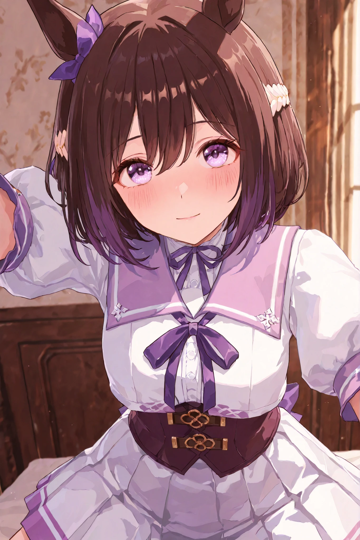 A young Special Week character is dressed in a pastel-themed outfit that exudes a sense of cuteness and charm. Your costume features a light purple sailor-style dress adorned with a large, dark purple bow on the chest, embellished with a circular golden-yellow accessory in the center. The dress has short, fluffy sleeves with white edges, perched by a white panel descending down the front of the bodice. Her skirt is pleated and mostly white, , increasing the aesthetics of the school uniform. The character's short hair is dark brown, stylized in an elegant style with straight tips, and is accented with a purple bow on one side of the head, further highlighting her adorable appearance. Perched on top of his head is a pair of horse ears, contributing to an anthropomorphic or fanciful aspect to your design, creating an overall whimsical and captivating look.