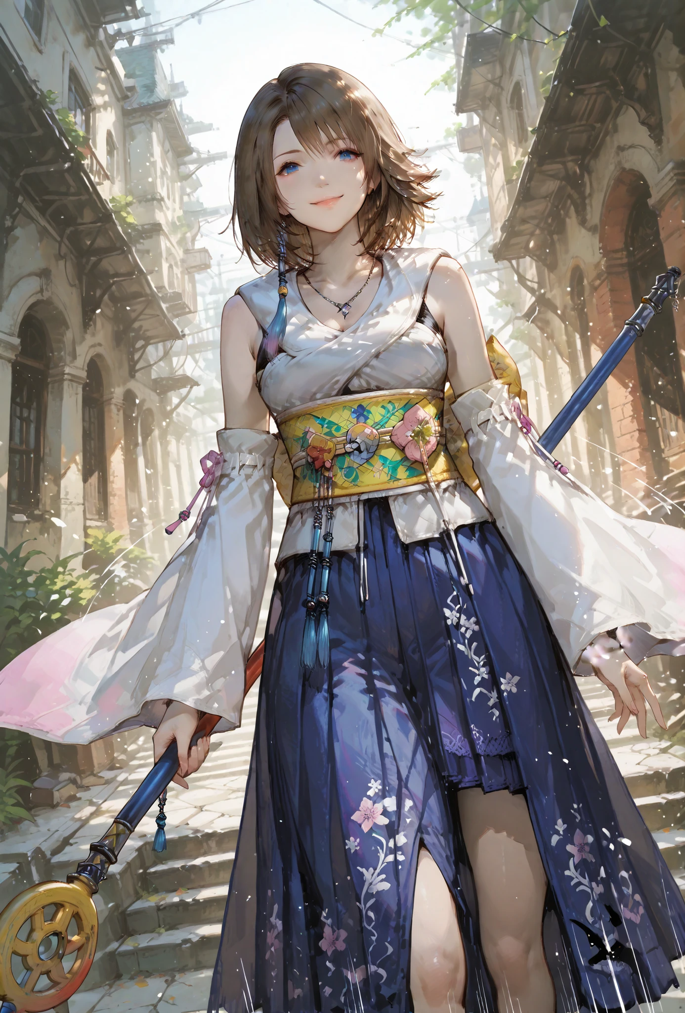 (score_9,score_8_up,score_7_up),Yuna (FFX), ((WOMAN,YUNA , FINAL FANTASY X, YUNA full clothers, WITH A MAGICAL YUNA STAFF ,), ,,extremely detailed,dynamic lighting,best quality,,,best quality,high quality,, , dynamic angle, , thick thighs, motion lines,, , solo, perfect eyes,,DETAIL,MASTERPIECE,,Expressiveh, ultra detailed,,,,very detailed,extremely detailed,dynamic lighting,best quality,(score_9,score_8_up,score_7_up), YUNA, FINAL FANTASY X, BLUE eyes, BROWN MEDIUM HAIR SPIKY hair, , BODY TYPE SLIM,,extremely detailed,dynamic lighting,best quality,pale skin,evil smile,, sleeve,
