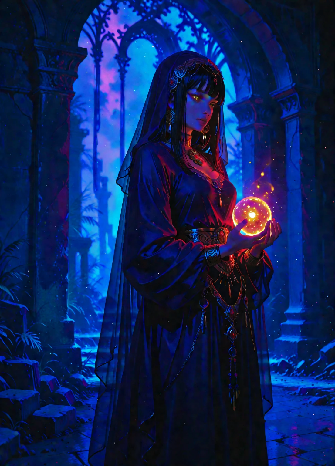 mtu，Long black hair，Purple pupils，mtu，magestic，wearing black clothes，Drawing magic arrays，Hair midpoint，At the Academy of Magic，Light and shadow are best，The most handsome face，A cloak with a very magical atmosphere