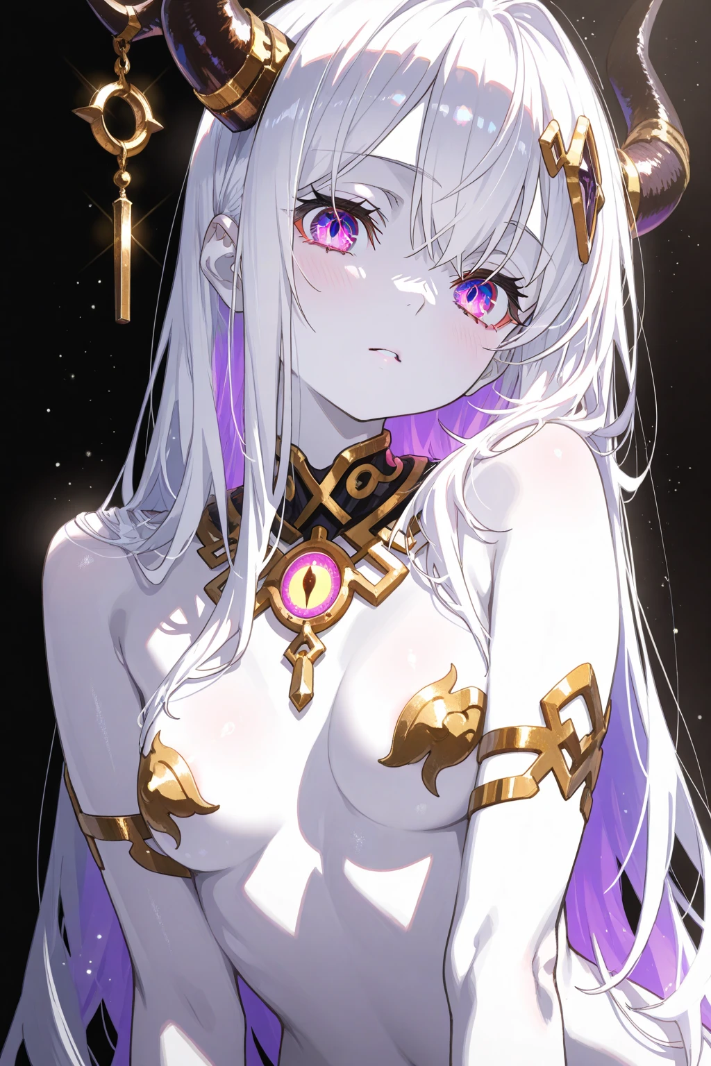 solo, female, close up, beautiful, young, slightly decayed undead, subtle ethereal quality, long hair, silky hair, shimmering blonde hair, deep violet eyes, thick lashes, pale skin, flawless skin, few faint scars, slender, graceful build, frame, alluring, small ???????, pert ???????, narrow waist, heart-shaped bottom, simple white gown, Egyptian, shy, curtains, palace, luxurious, sfw, ancient, middle eastern, night, dark, candle