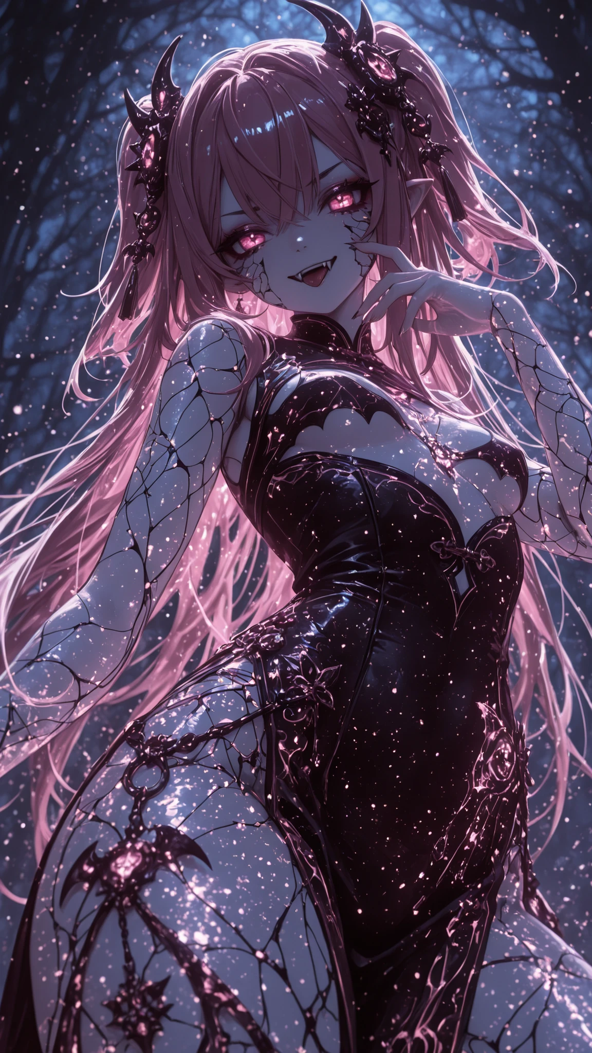 D4rkL1nes,lazypos, glowing, glowing particles, glowing light particles, pink (color), vampire girl, micro breasts, fangs, long and loose two colors hair, unusual pupils, makeup, coquettish, devilish smile, tongue ornaments, seductive gaze, jewelry, hair ornaments, cheongsam, dynamic pose, hands poses near face, shiny white skin, close up angle from below, blurred background, dark fantasy environment