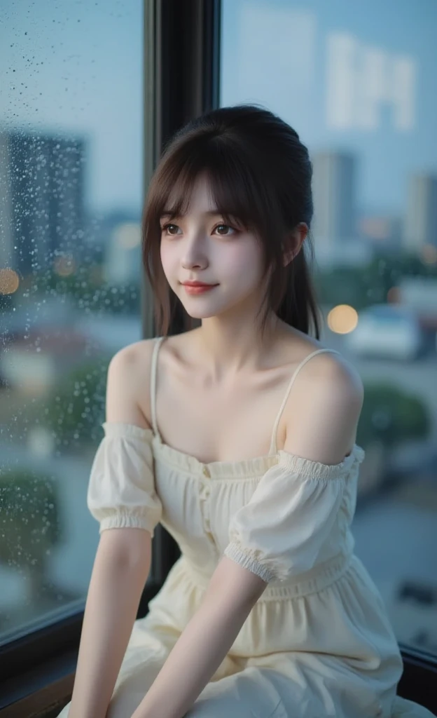 Sitting on the terrace of a café with New York atmosphere, shot in natural light from morning to noon, hairstyle and fashion style according to the Japan trend of 2023, realistic, lifelike, super detailed, beautiful face, 30s, actress, Japan half model, elaborate CG Unity 8K, model is slender, cute, and also mature. The hairstyle is below the shoulder length and fluttering in the wind according to the fashion of the Japan of 2023, delicate skin type, fine details and softness of hair, camera angle is from the waist up, the model's hair color is slightly bright and soft, makeup should emphasize bright lips and eye-catching mascara, and style it naturally and lightly. For your fashion style, choose short-sleeved clothes that are less  on the chest that match the summer trends of 2023 and use pale pastel colors to express a sense of relaxation. The model is sitting at a table on the terrace and posing for pulling up her hair with her hands from a side angle.