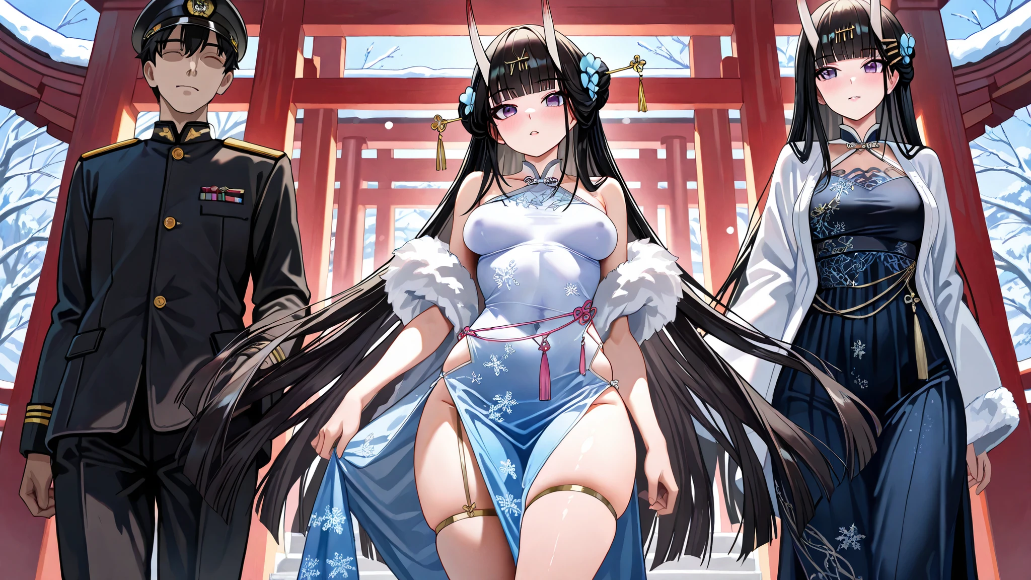 UHD, 8k resolution, masterpiece, 2.5d, best quality, amazing quality, very aesthetic, absurdres, newest. 1 girl and 1 man. Noshiro, elegant, mature woman, jet-black waist-length straight hair, detailed face, detailed eyes, poise, calm, composed expression, beautiful , graceful figure, serene elegance, the setting is: Noshiro invited to a luxurious high class party, she is coming in through a big front gate, she is walking elegantly to the banquet hall while accompanied by her Military Navy Commander, her commander is a westerner, banquet atmosphere, Noshiro showing her elegance as mature woman, splendid figure, adult body, alluring elegance with extra sexiness, confident, adult, purple eyes, jet black silky hair, glossy long black hair with blunt bangs, very long hair, bangs, hair clip, oni horns, oni, modest , black hair, , long hair, hair ornament, expert shading, smooth skin, ample , beautiful waistline, bewitching thighs, noshiro \(fragrance of the eastern snow\) \(azur lane\) , china dress, 