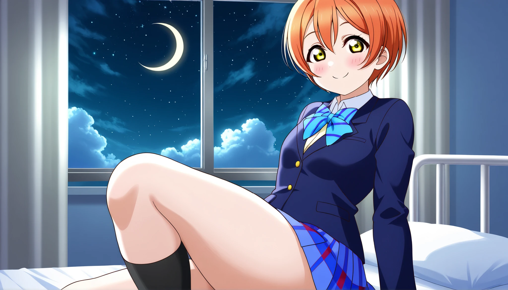 1girl, hoshizora rin, striped, short hair, blush, otonokizaka school uniform, lovelive_rin black blazer, blue plaid skirt, blue stripe bowtie, orange hair, very short hair, hair between eyes, yellow green eyes,smile,thick thighs,knee up,crescent moon, stars (sky),looking at viewer,bed,screen,solo,infirmary,crescent moon, star (sky), cumulonimbus cloud, dark background, knee up,