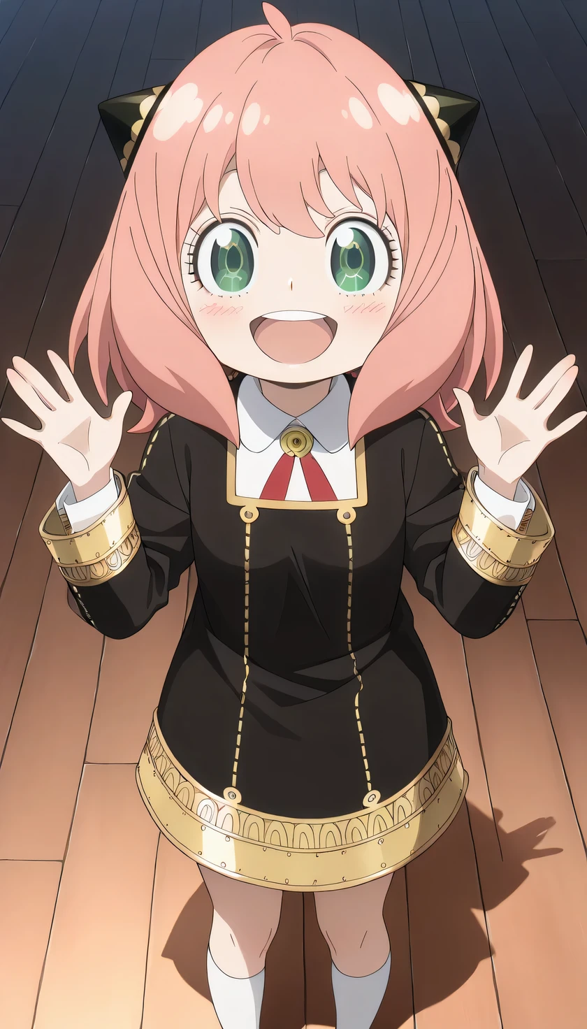 {{{masterpiece}}}, (best quality:1.5), (ultra-detailed:1.5), {illustration}, {{an extremely delicate and beautiful}}, (beautiful detailed eyes:1.6), absurdres, highres, extremely detailed face, 16k, hd, visual anime de uma jovem mulher, extremamente bonito rosto de anime, anime melhor garota, (perfect hands, perfect ), anime face, Anya Forger(Spy x Family), 1girl, solo, cute face, slender, pink hair, medium hair, hairpods, front hair, flushed cheeks, green eyes, short of a person, small , (short legs:1.3), big , curvaceous, BREAK, {school uniform}, black dress, collared shirt, eden academy school uniform, long sleeves, black sleeves, gold trim, red ribbon, white socks, black shoes, BREAK, standing, hands up, open mouth, smiling, (upper body:1.5)