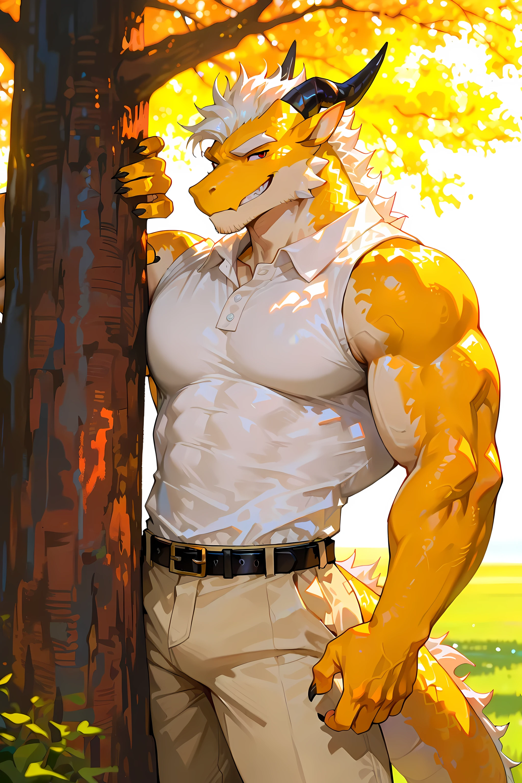 masterpiece, best quality, very awa, highres, illustration, soft focus, warm lighting, nostalgic atmosphere, film grain effect,

1boy, solo, male focus, late twenties

male, furry, anthro, dragon boy, handsome, muscular, athletic build, wide shoulders, narrow waist, golden skin,white body, white mane, large pectorals, red eyes, detailed eyes, angular face, black horns, dragon tail, claws, thick eyebrows, stubble, 

sly expression, relaxed expression, energetic grin, looking at viewer,

dynamic pose, cowboy shot,

wearing white polo shirt, beige khaki pants, black belt,

standing on a lawn, under a tree, sunshine, daytime