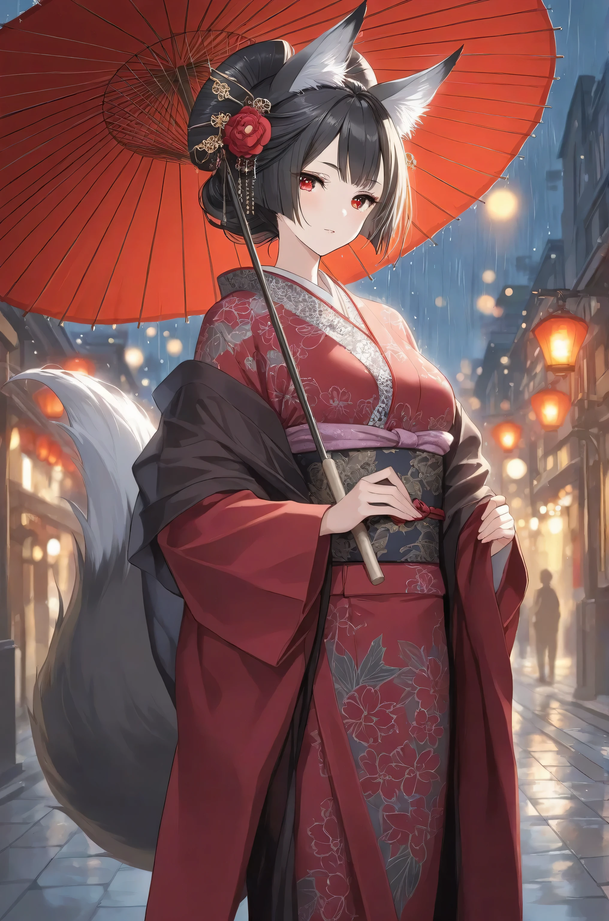 high quality, masterpiece, ultra-detailed, elegant oiran foxgirl, traditional kimono, ornate hair ornaments, oil-paper umbrella, rainy night atmosphere, red lantern-lit street, fox ears tail