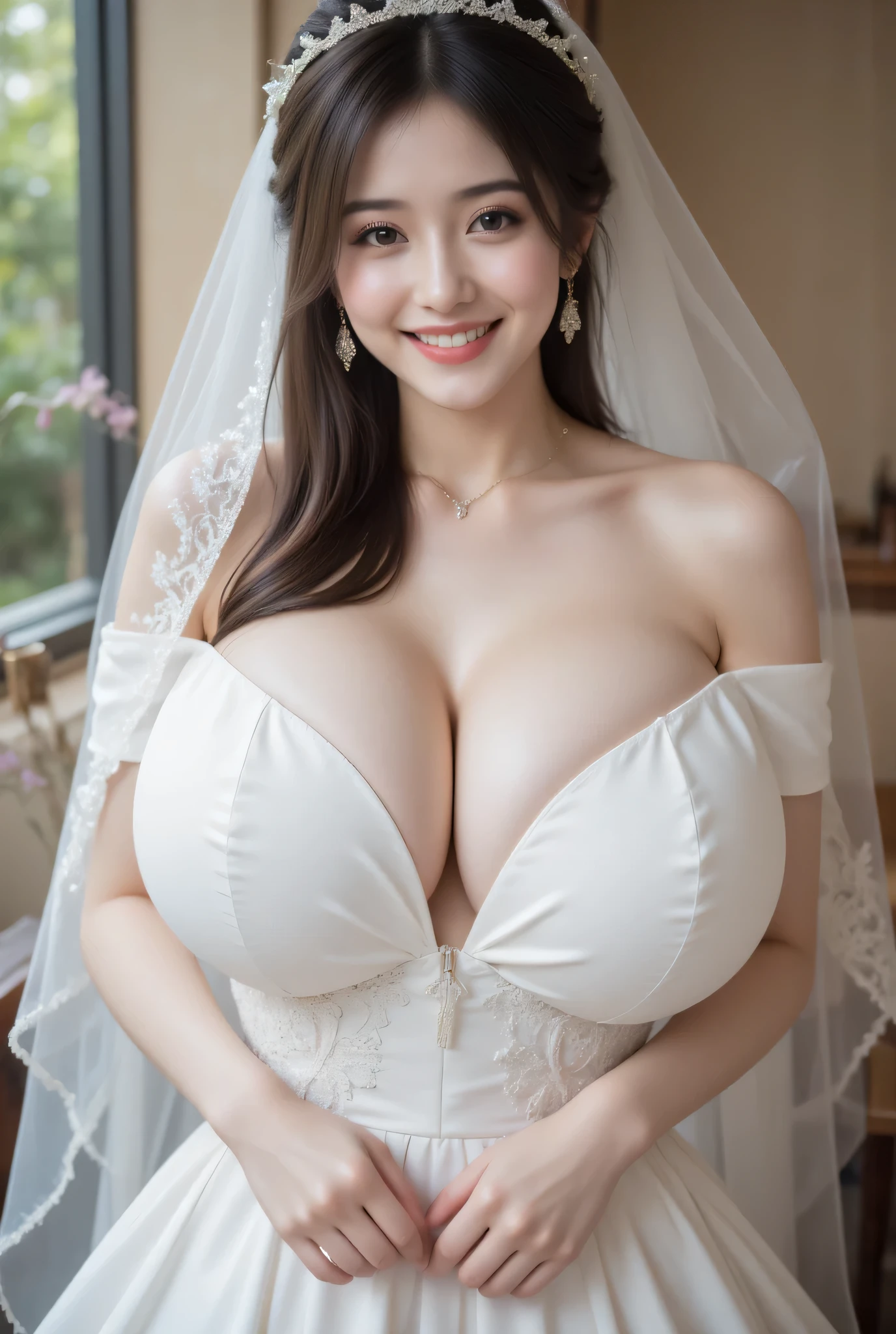 (incredible big breasts:10000000000000000000000000000000000000), (Huge Breast:1000000000000000000000000000000000000000000000), wedding hall, (tight dress:100000), Tight Dress That Highlights Her Body Line, Smiling Woman, Tight One Piece Dress, NO EXTRA ARMS, (tight strapless wedding dress :10000000000), (Tight Off-Shoulder Dress:100000),(tight tube wedding dress:1000000000000), (silk dress: 1.2 ), 1girl, (large bridal veil: 10000000000), gem, earrings, long hair at Boro-Yado, solo, Heart shaped, necklace, lips,BIG BREASTS, dark haired, smile, heart necklace, brown hair, brown eyes, realistic, (BIG BREASTS :10.0), celebrity, (glossy hair split evenly on the left and right and hangs naturally along her cheeks:100000000), (Standing figure with hands lowered naturally:10000), Relaxed Pose with Arms Naturally Lowered, Natural Standing with Hands, Close up of a beautiful bride in a beautiful wedding dress with long, slim woman, slender woman, celebrity, Princess Elegance, Beautiful woman, beautiful woman, ((White Wedding Dress:10000)),  (big veil:100000000000), (Giant Chest:10000000000000000000000000000000000), (BIG BREASTS:10000000000000), Smiling Woman, Smiling woman showing her teeth, very thin waist, thin legs,no hair tied, (very big breasts:1000000000000000000000000), woman with long hair, Chest protruding forward, Standing Chest, BIG BREASTS, (unbelievably big boobs:10000000000000000000000000000000000000000), (big boobs:10000000000000000000000000000000000000000000000000), her breasts are bigger than her face, stick out the chest,   BEAUTIFULLY SHAPED BREASTS、big , (slender body:100),(big boobs:1000000000000000000000000000000000000000000000000000000000000000000000000000000000000000000000000000000000000000000000000000000000000000000000000000000000000000000000000000000000000000000000000000),Breasts that seem to spill out of the dress, (big boobs:100000000000000000000000000000000000000000000000000000000000000000000000000000000000000000000000000000000000000000000000000000000000000000000000000000000),big boobs、Very big boobs、unbelievably big boobs, (big fake breasts:10000000000000000000000000000000000000000000000000000), standing chest, (Breasts are bigger than faces:100000), Round Chest Like a Ball, (extremely big breasts:100000000000000), (Separated Breasts  :1000),No extra arms