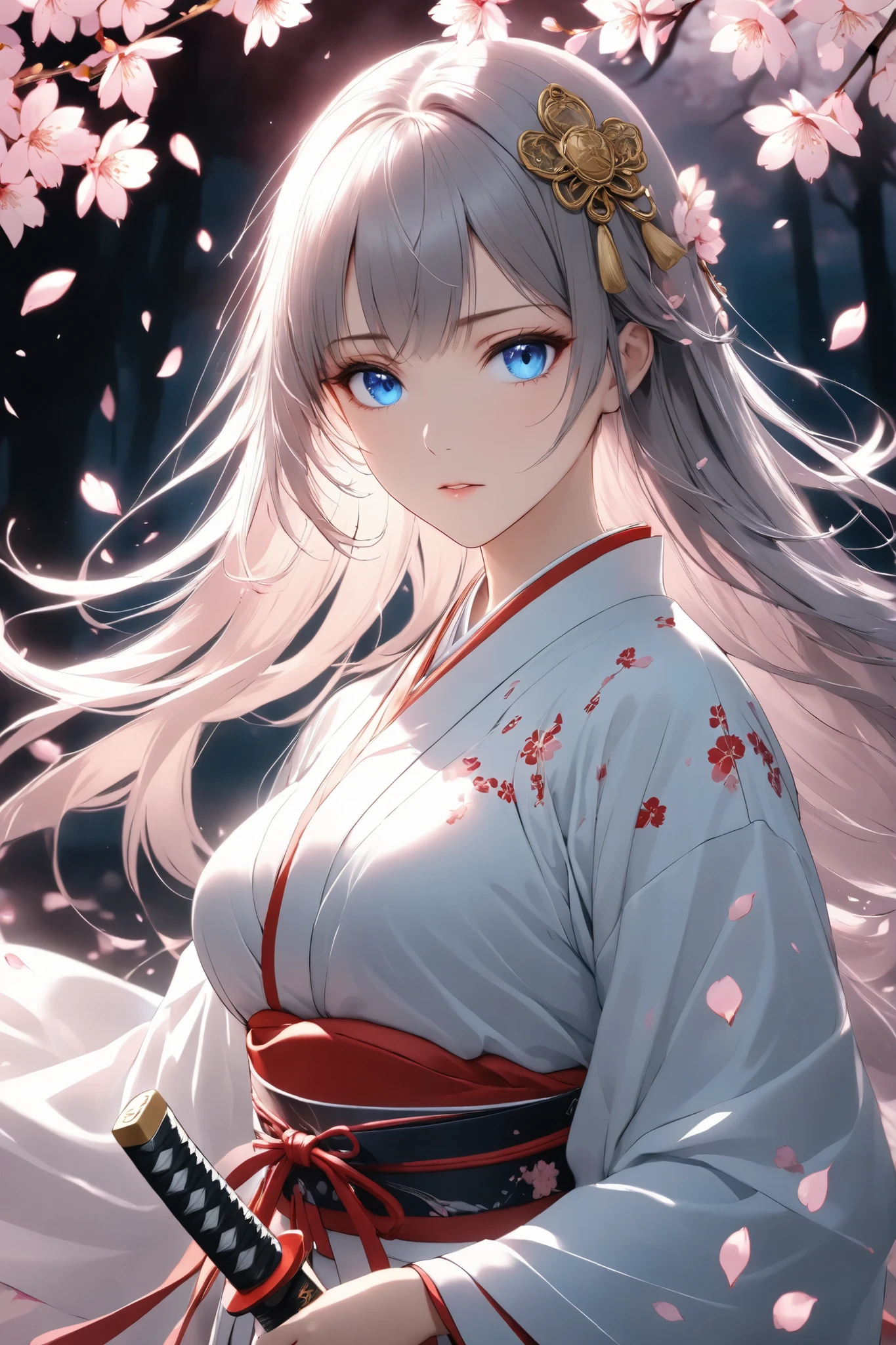 (masterpiece, best quality), 1girl, serene expression, traditional Japanese shrine maiden outfit with bloodstains, silver ornaments with crest, broken katana, glowing divine sigils on skin, (ethereal beauty), (soft lighting), (cherry blossom petals), (mystical atmosphere), looking at viewer with gentle sadness, (hauntingly beautiful), (perfect composition)