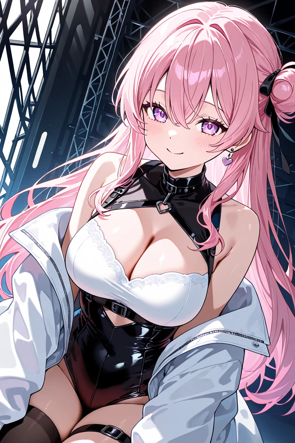 Best Quality,Detailed and cute eyes,Very cute face,(Solo Girl),(:1.5),(Pink hair),(low twintails:1.4),Scrunchie,(Big light blue eyes),A very happy smile,Blushing,Open your mouth wide,View Viewer,BREAK,(black see-through evening dress,Cross halter neck,No sleeve,lace fabric dresses,Long skirt, visible through sheer clothing:1.5),Night Background,bed,,(Angle from below,Dynamic Angle:1.5)