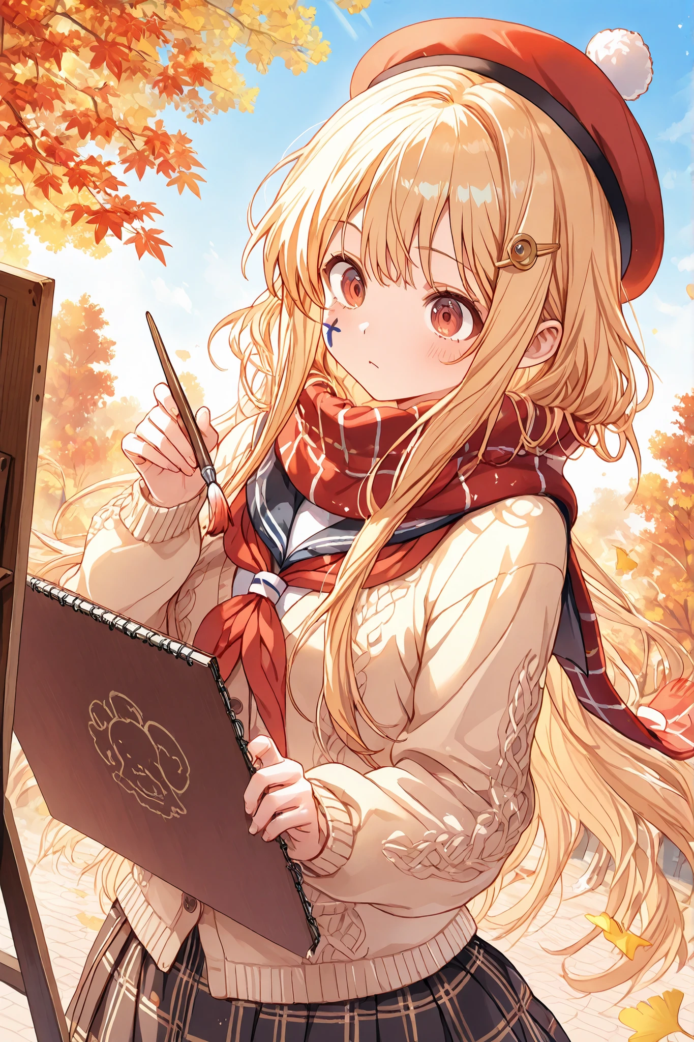 Highest Quality, super high resolution, masterpiece, Sketchbookを持つ少女, feeling like an artist, expression immersed in creation, wearing a beret Figure, Brown Knit Cardigan, Plaid skirt, scarf wrapped around the neck, x} artist style outfit,fingertips with paint, Woman drawing on wooden easel, Big Canvas, paint set, hand holding a palette, delicate fingertips holding a brush, Vivid Colors of Acrylic Paint, Autumnal leaves in a park,Golden Ginkgo Trees, red dyed maple, Drawing in Natural Light, The warmth of sunlight filtering through the trees, serious look, expression immersed in art, Inspirational Eyes, paint on the cheek, Concentrating, Watercolor paints, Colored pencil, Sketchbook, Chronicle book, Paintbrush set, Atelier-like Atmosphere, autumn scene of art, Atmosphere Full of Creative Motivation, Inspirational Environment, fall foliage, Clear autumn sky, A pleasant autumn breeze, Feeling of Autumn in Art, how to enjoy creating, Drawing Hand Up,Delicate brushwork, Sincere Attitude Towards Canvas, Artist-like Appearance, joy in touching art, The joy of creating, Gentle autumn light, Elegant Time Unique to Autumn Art