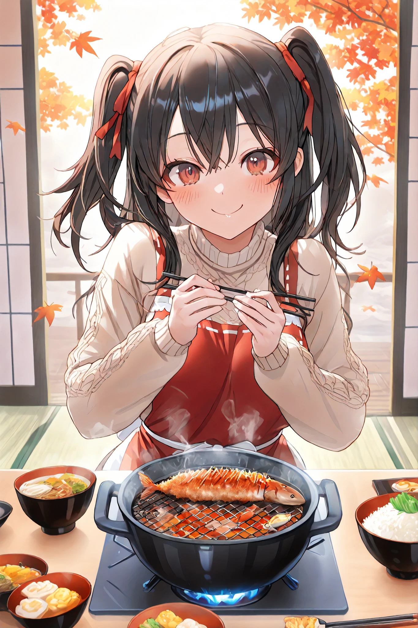 Highest Quality, super high image quality at sea level, Masterpiece, Girl enjoying a meal, happy expression, A table with autumn ingredients lined up, Matsutake mushroom steamed in a clay pot, Grilled autumn sword fish, Chestnut rice, grilled saury with salt, Autumn vegetable tempura, burgundy knit dress, beige cardigan, Small Apron, cute attire, twin tails, gentle smile, pale blush that dyes cheeks, happy expression, Japanese modern dining table, Lacquered bowl, Seasonal Japanese Tableware, Rising steam, Colors of cooking, Dining table by the window, View of a garden with red leaves, Scenery of falling leaves dancing, Warm indoor light, Cozy space, Deliciously holding chopsticks, Eyes staring at food, moved expression , happy appearance, kotatsu table, Tatami in a Japanese-style room, light through shoji, Warm Lighting, Autumn Dusk, steamed in an earthenware pot, The savory smell of grilled fish, Sweet scent of chestnuts, Autumn taste feast, Atmosphere to enjoy the fall appetite, Happy Meal Time, Peaceful Air, Autumn Duskの優しい光