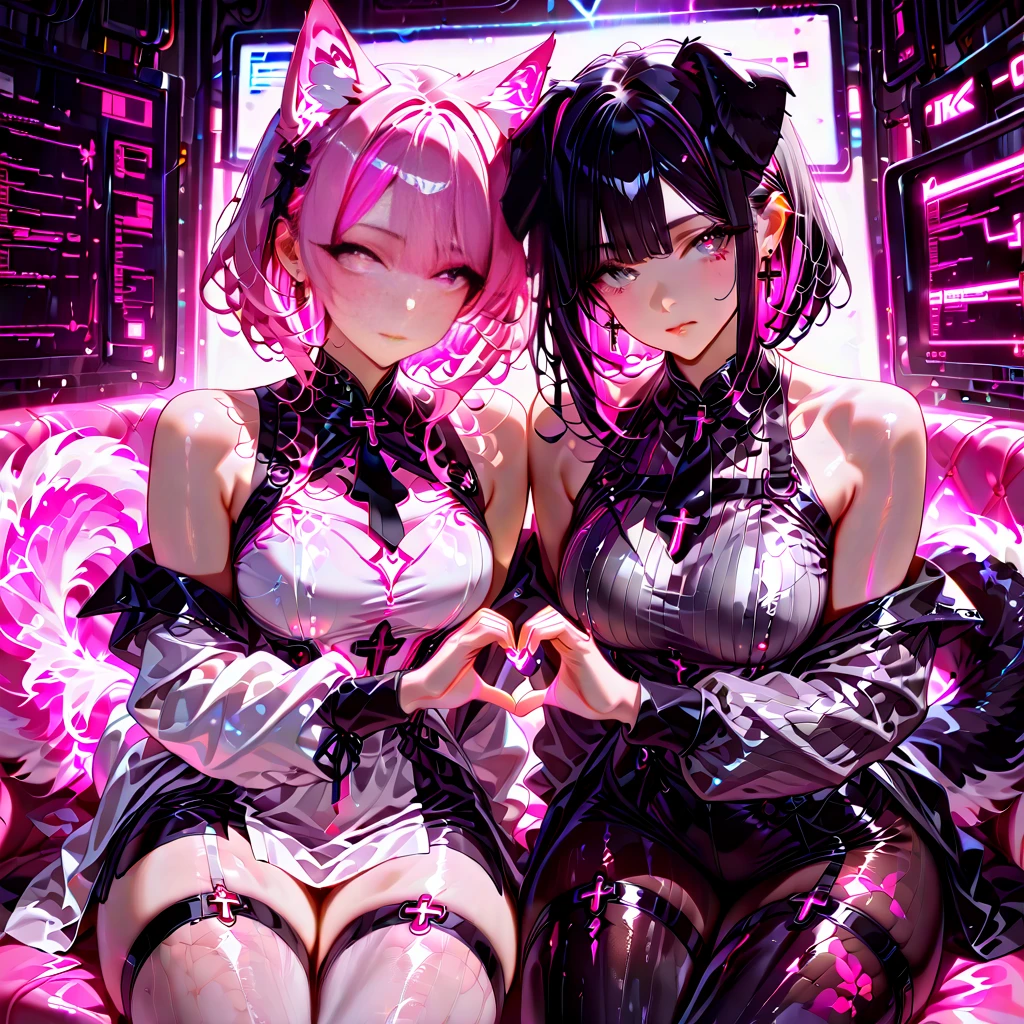 Black double ponytail，Hair curtains。long whitr hair，Pink eyes，White off-the-shoulder cover neck short sleeves，black short skirt，Black stocking pantyhose，chiquita，Bad girl，Open-air Onsen，enjoying，huge tit，cyber punk perssonage，Pink