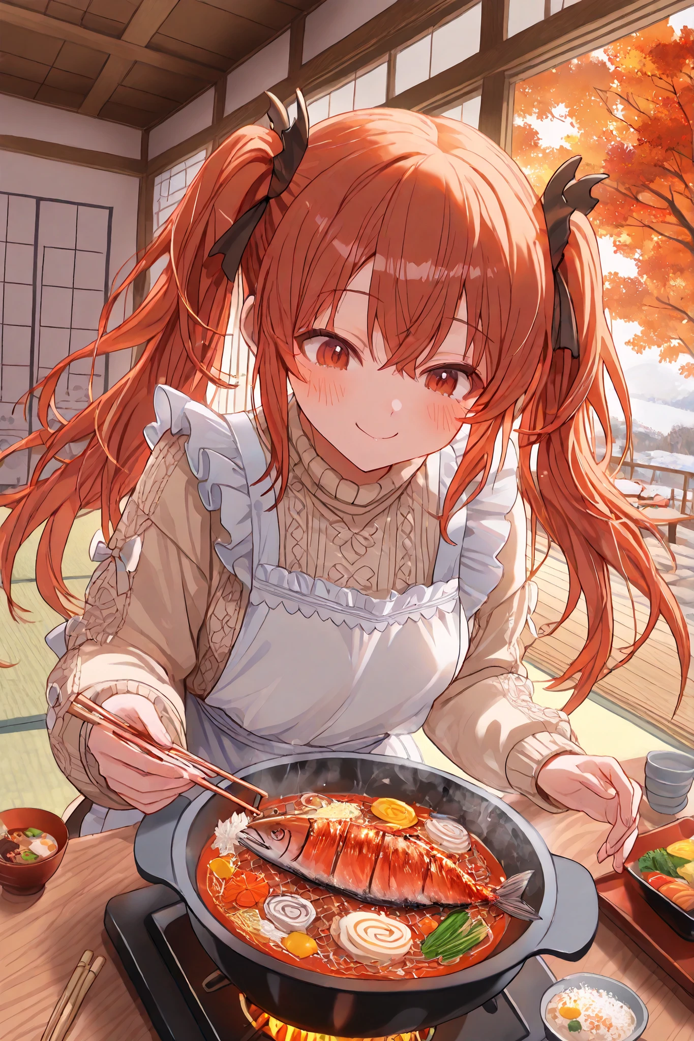 Highest Quality, super high image quality at sea level, Masterpiece, Girl enjoying a meal, happy expression, A table with autumn ingredients lined up, Matsutake mushroom steamed in a clay pot, Grilled autumn sword fish, Chestnut rice, grilled saury with salt, Autumn vegetable tempura, burgundy knit dress, beige cardigan, Small Apron, cute attire, twin tails, gentle smile, pale blush that dyes cheeks, happy expression, Japanese modern dining table, Lacquered bowl, Seasonal Japanese Tableware, Rising steam, Colors of cooking, Dining table by the window, View of a garden with red leaves, Scenery of falling leaves dancing, Warm indoor light, Cozy space, Deliciously holding chopsticks, Eyes staring at food,  moved expression , happy appearance, kotatsu table, Tatami in a Japanese-style room, light through shoji, Warm Lighting, Autumn Dusk, steamed in an earthenware pot, The savory smell of grilled fish, Sweet scent of chestnuts, Autumn taste feast, Atmosphere to enjoy the fall appetite, Happy Meal Time, Peaceful Air, Autumn Duskの優しい光