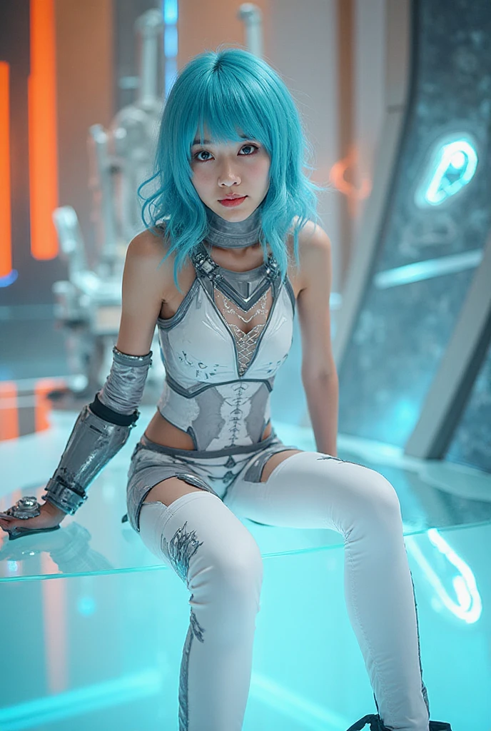 Best Quality, 4K, 8K, 1girl, 17 Y O, ((Cyberpunk: 2)), (Combat Ready), ((Humanoid Female Cyborg: 1.2)), ((Sports ?????? with Equipment: 1.2)), ((Highly Detailed Face: 1.2)), Cool Beauty, (Short Cut), (Long Boots), ((Instruments)), ((Blue Hair)), ((Red Eyes))