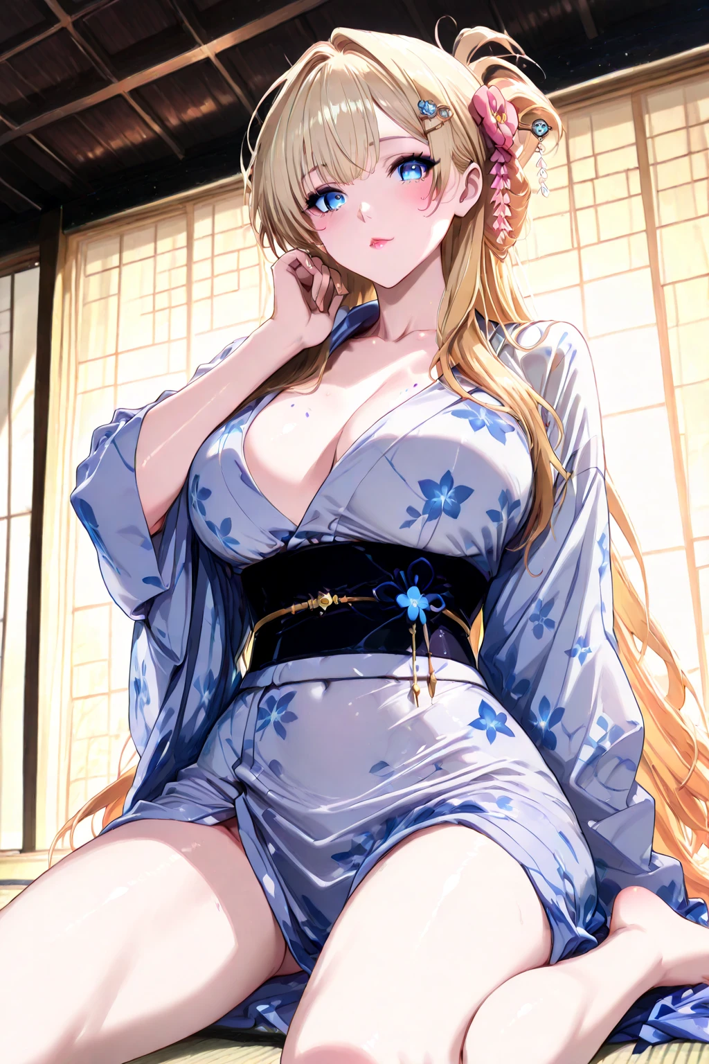 1girl in, hair bobbles, a 25 years old girl, Beautiful and Delicate Face, Stereograms, Exact ratio, Japan Person Model, fair white skin, Best Quality, 8K, Super Detail, Authentic Skin, Skin Details, Beautiful eyes, Atmospheric perspective, MASTERPIECE, Full of embarrassment, anaglyph, solid circle eyes, ear blush, surrealism, drop shadow, Perfect Hands, Perfect Legs, Japanese Girl, Beautiful Hair, , , , CLOUDY LIQUID, ,  in , smiling eye, smile, POV,  Out, Short hair,  on Face, ,  in Face, Alice Margatroid, Blond hair,  squeezing, ,  ,  insanely detailed