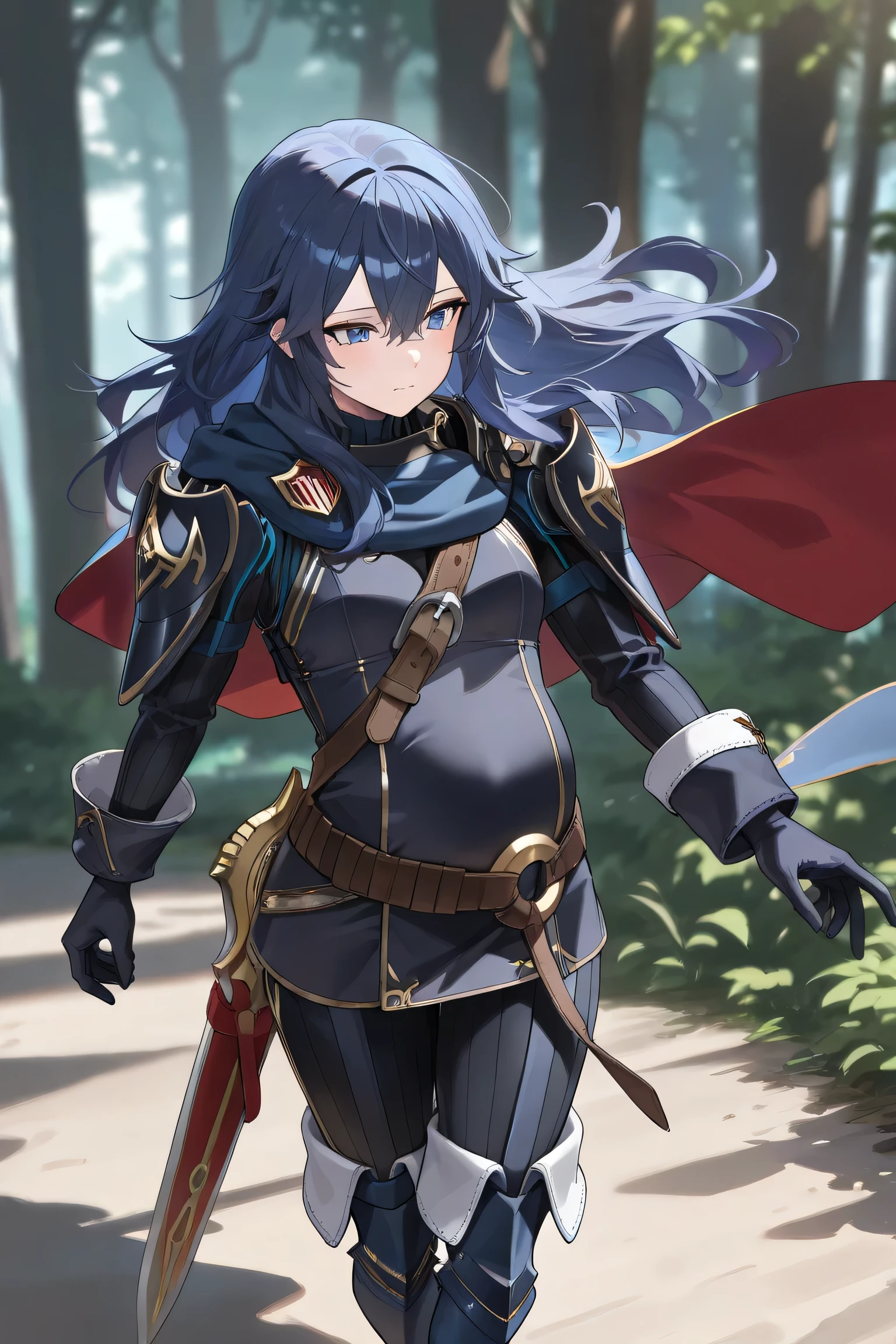 (Best quality, 4k, 8k, high resolution, masterpiece:1.2), ultra detailed, intricate details, beautiful girl, alone, long blue hair, (long hair:1.0), bangs, blue eyes, small , perfect smooth skin, head tilted, (Pregnant:1.0), At forest on weeded streets, dark navy tunic with gold accents, long blue cape, blue shoulders armor , blue forearms armor , blue boots armor, brown leather belt, pouches attacht to belt, legendary sword Falchion in an ornate scabbard, sheathed sword, dark gloves, dark blue long pants, high waisted pants, dark blue clothes inside tunic covered shoulder all skin