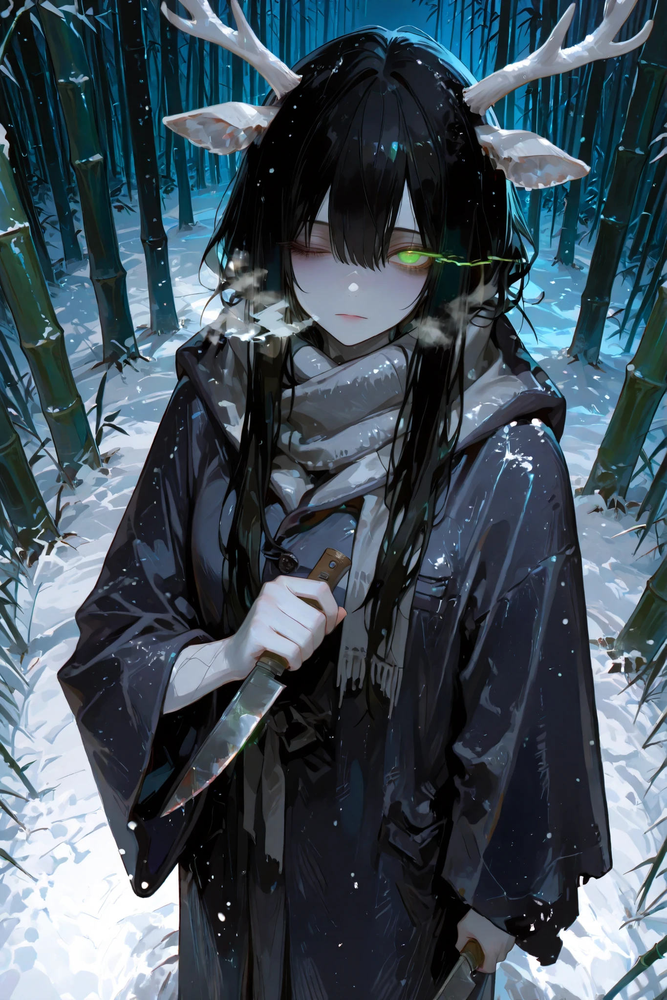 holding knife,748cmstyle, 1girl, solo, long black hair, pale skin, white deer antlers, kemonomimi, dark gray robes, gray scarf, bamboo forest, glowing eye, green eye, night, eye trail, dirty robes, frontview, long robes, emotionless expression, view from above, winter, cold breath, snow, one eye open, looking at viewer, large scarf, one eye closed, rusty knife, old knife, simple knife, makeshift knife,